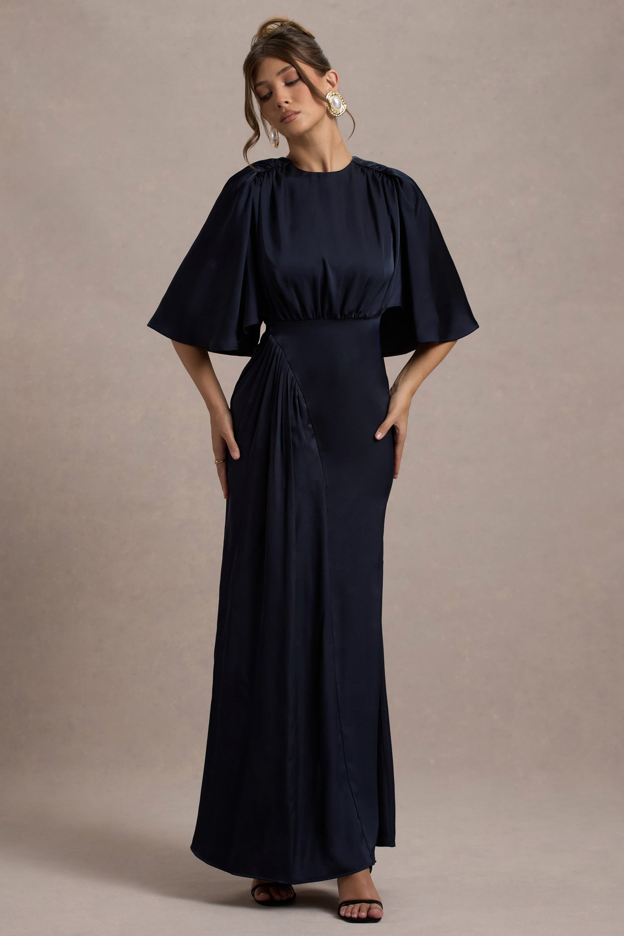 Cinder | Navy Satin Gathered Maxi Dress - Club L London - USA