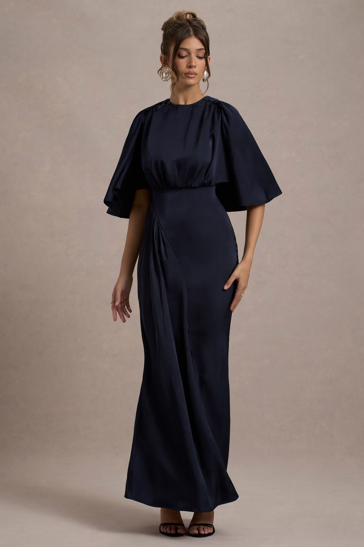 Cinder | Navy Satin Gathered Maxi Dress