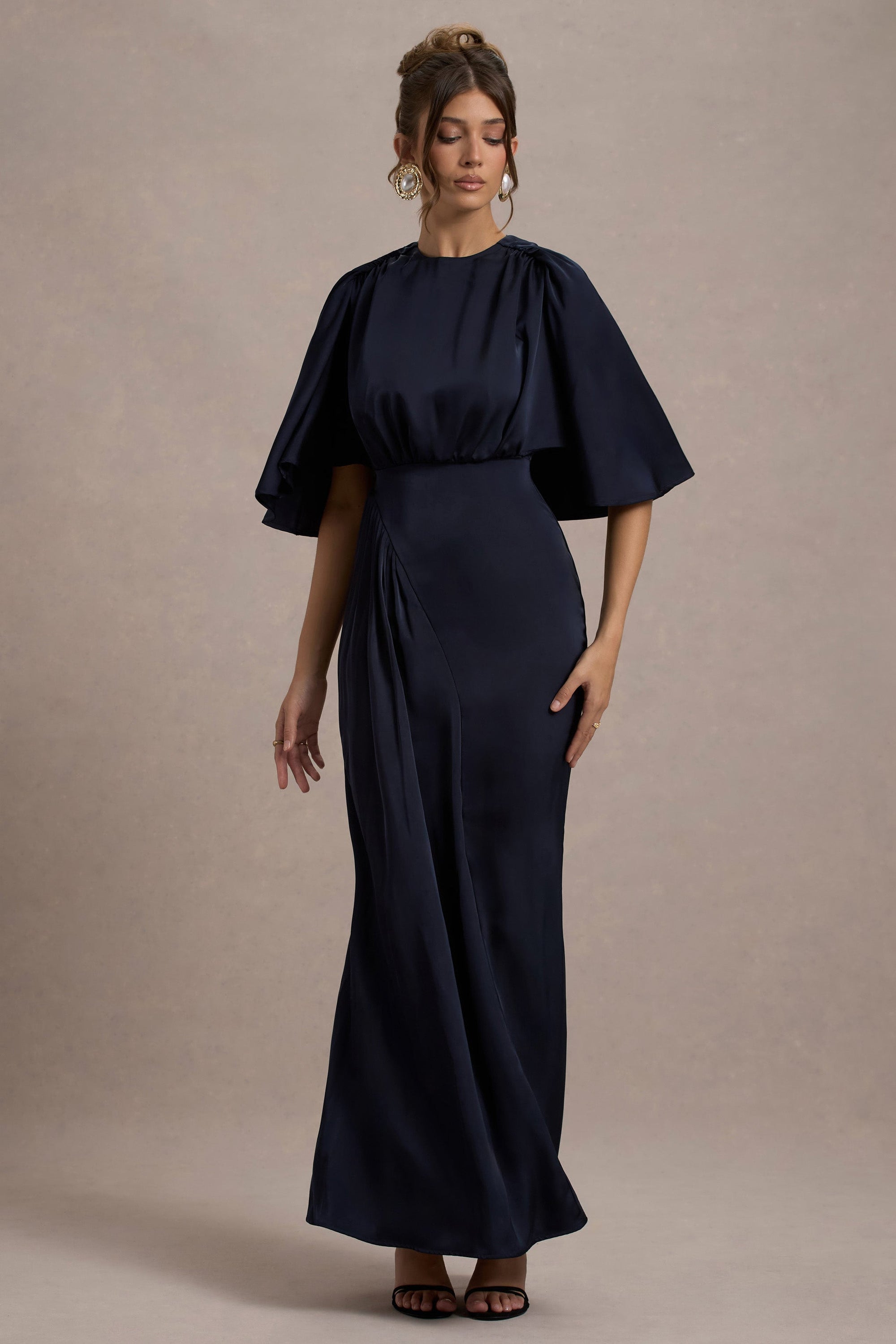 Cinder | Navy Satin Gathered Maxi Dress - Club L London - USA