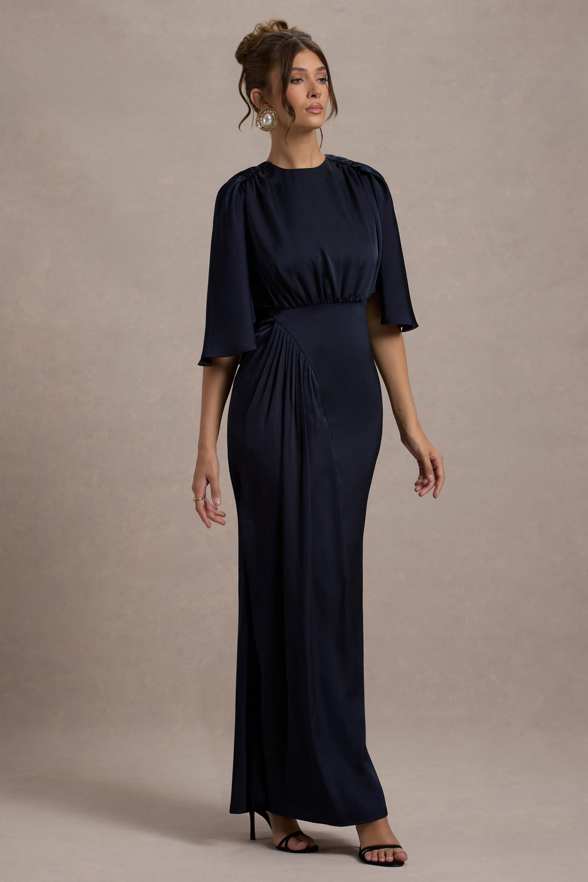 Cinder | Navy Satin Gathered Maxi Dress - Club L London - USA