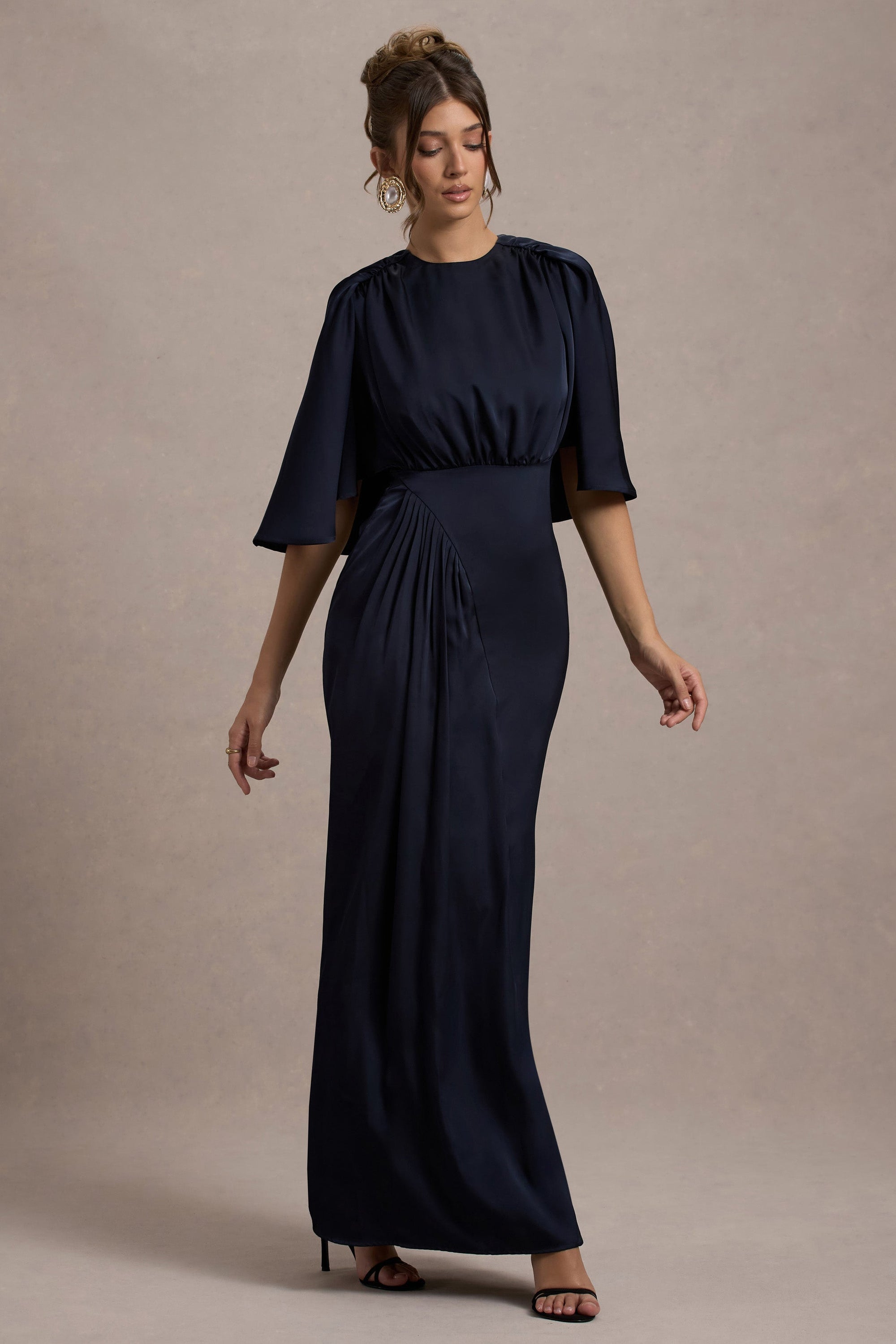 Cinder | Navy Satin Gathered Maxi Dress - Club L London - USA
