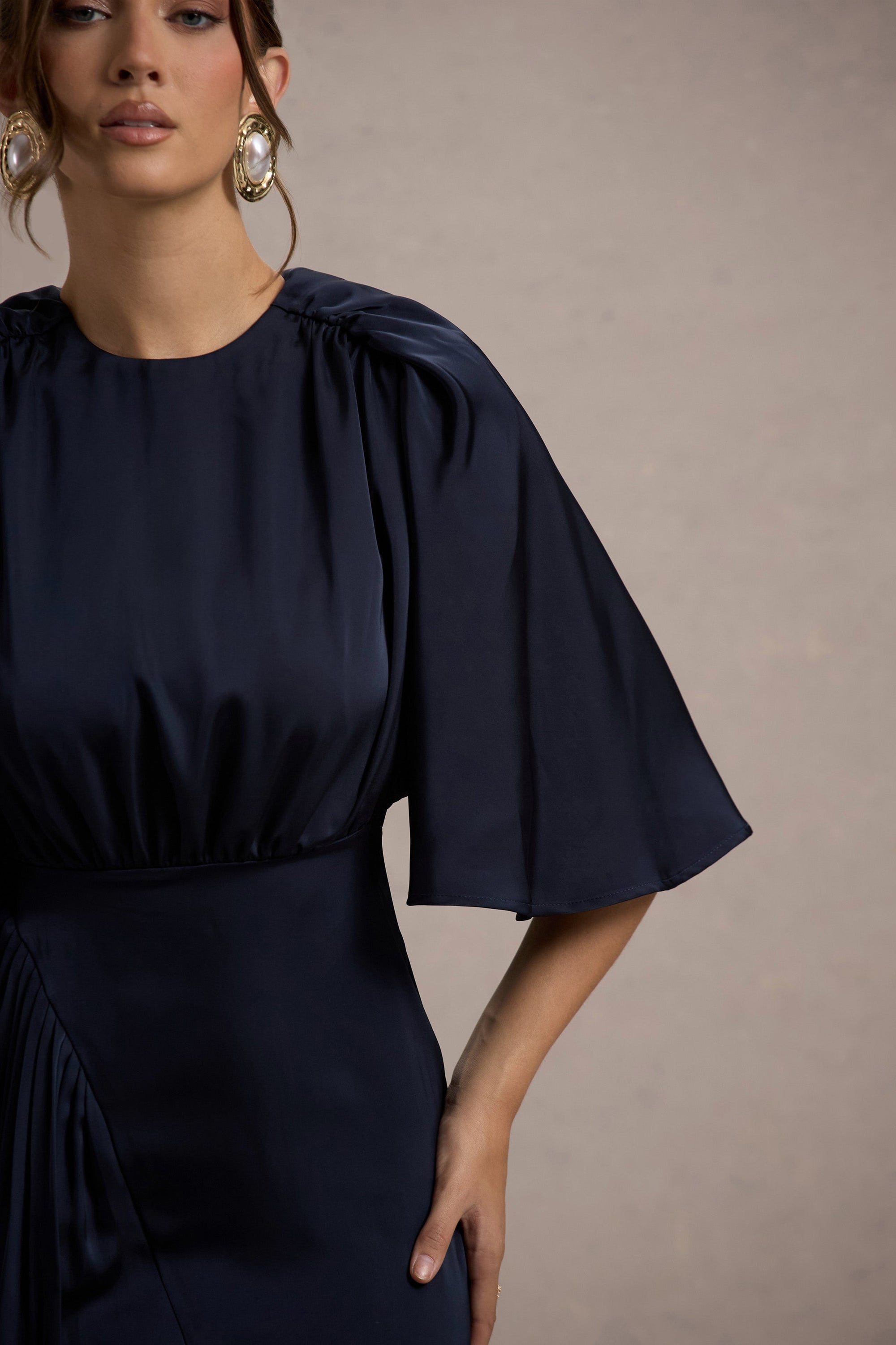 Cinder | Navy Satin Gathered Maxi Dress - Club L London - USA