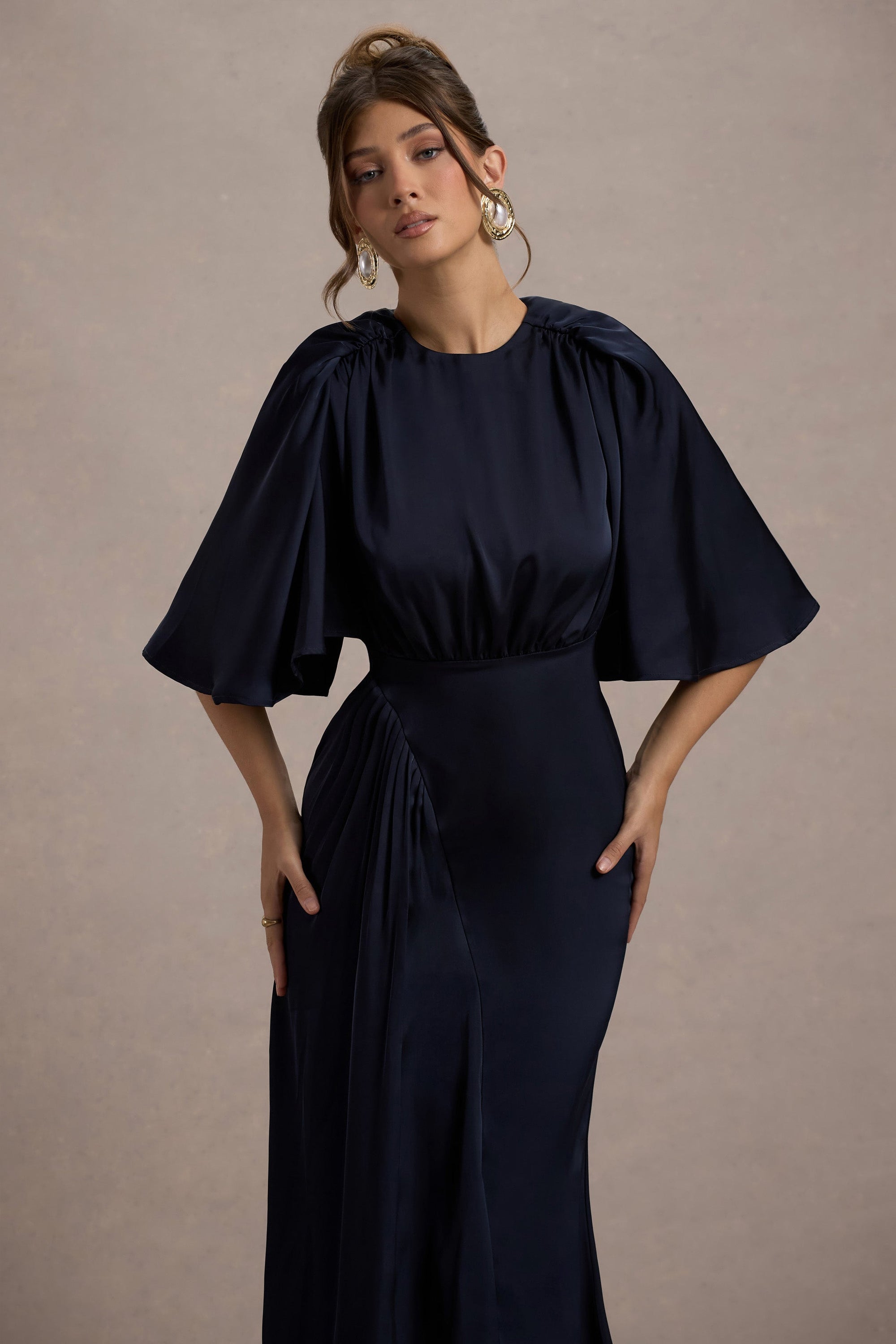 Cinder | Navy Satin Gathered Maxi Dress - Club L London - USA