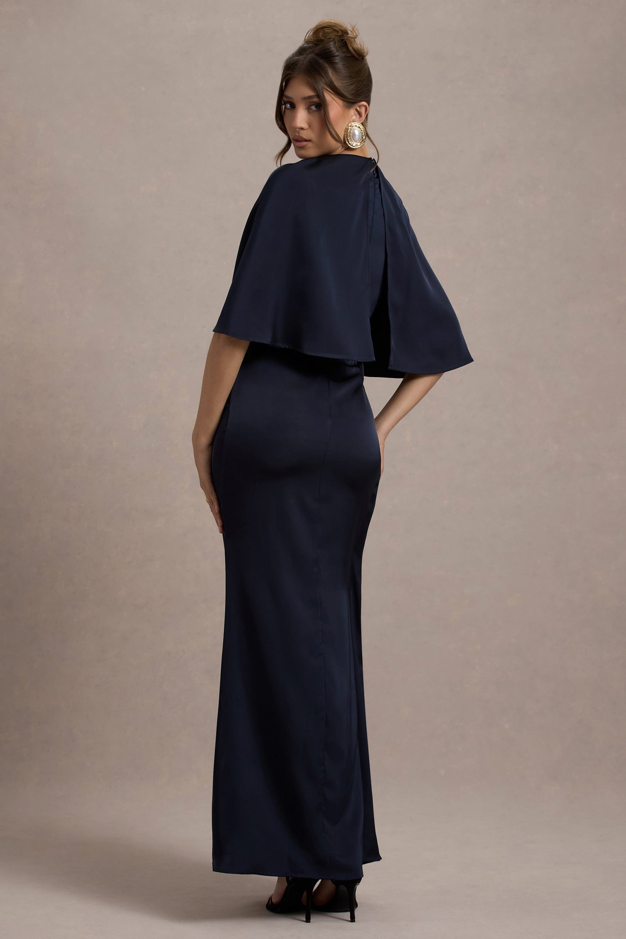 Cinder | Navy Satin Gathered Maxi Dress - Club L London - USA