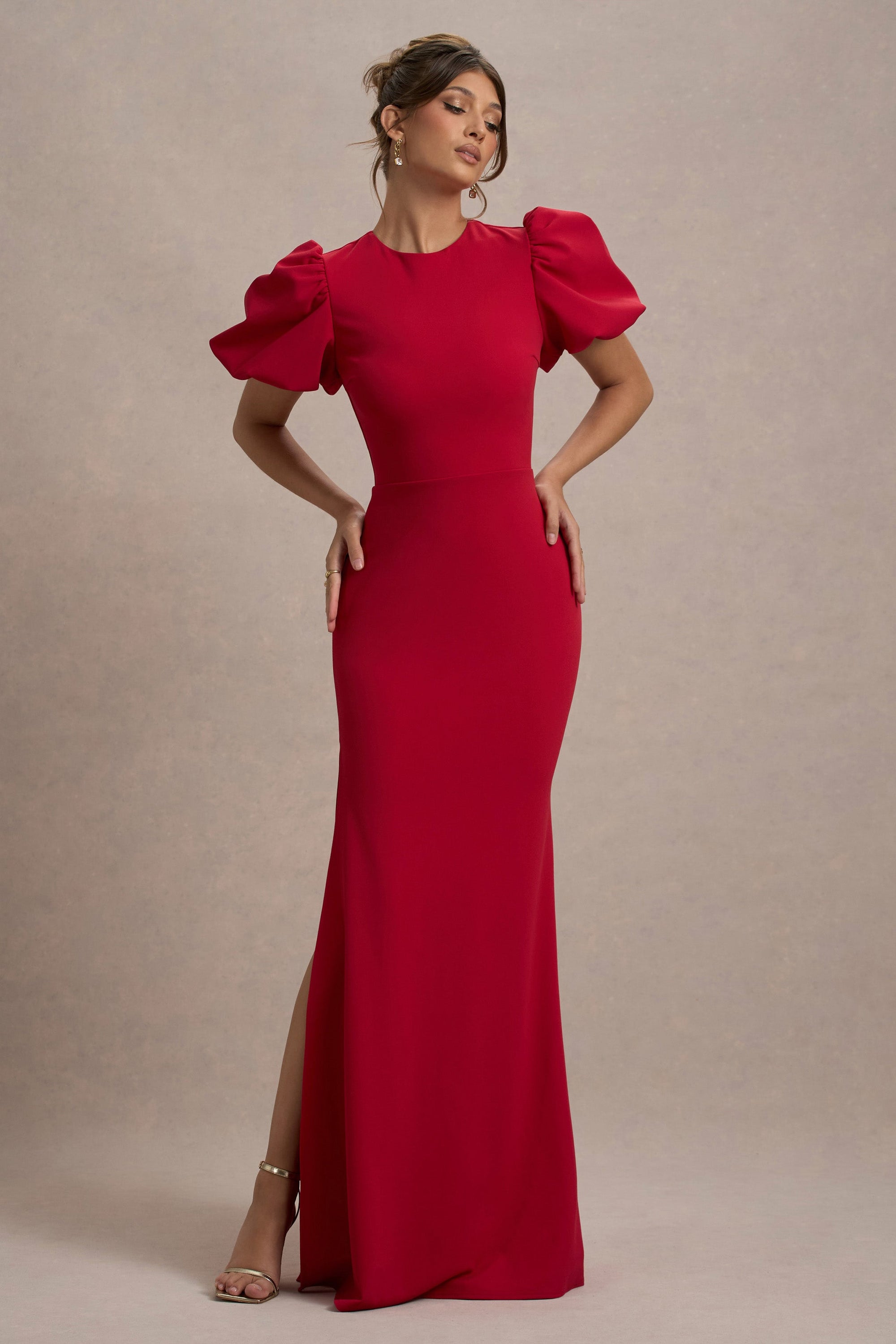 red ruffle dress long sleeve Monroe Ruffle Sleeve Textured Maxi Dress - Red