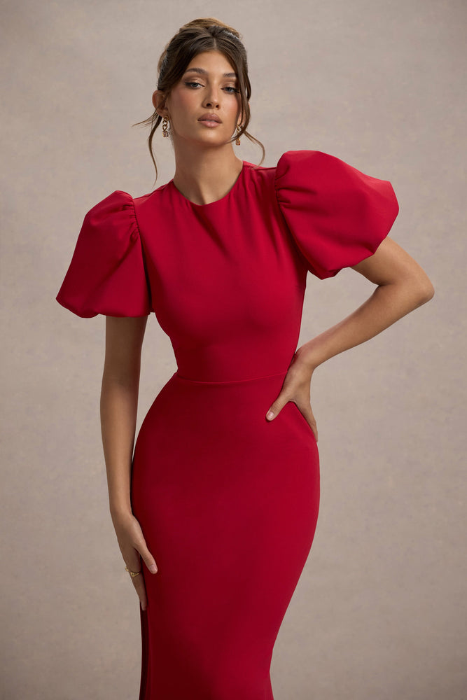 red dress with sleeves Love Letters | RED Puff-Sleeve Maxi Dress