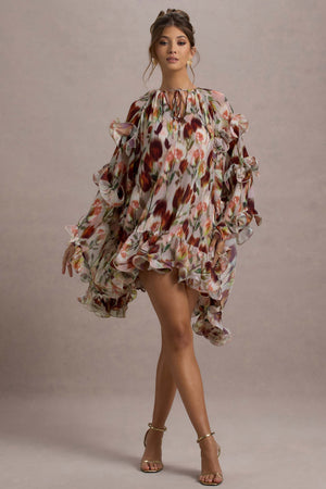 Abelia | Cream Floral Print High-Neck Cape-Sleeve Chiffon Mini Dress – Club L London