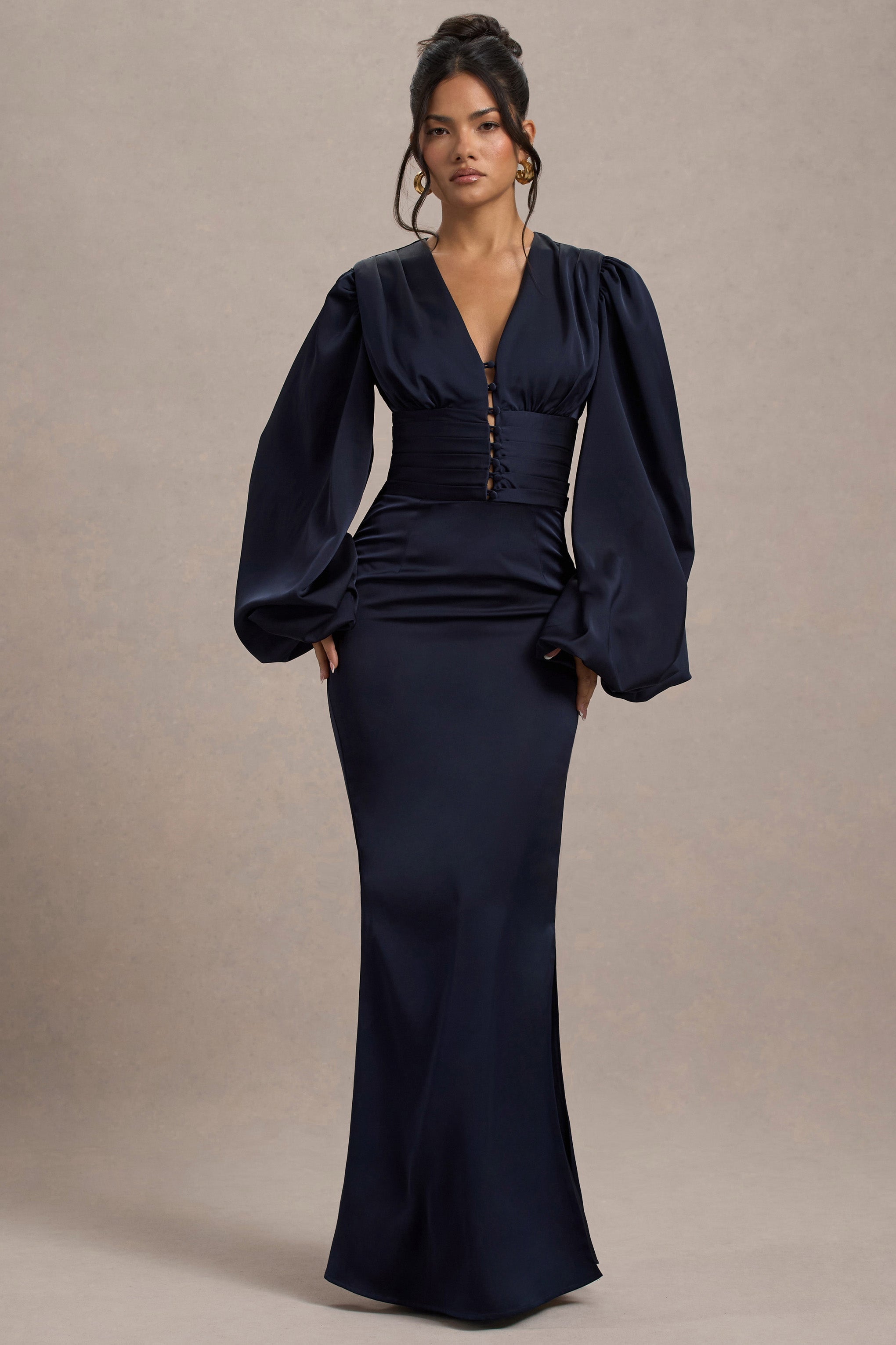 Helsinki Navy Satin V-Neck Balloon Sleeve Maxi Dress – Club