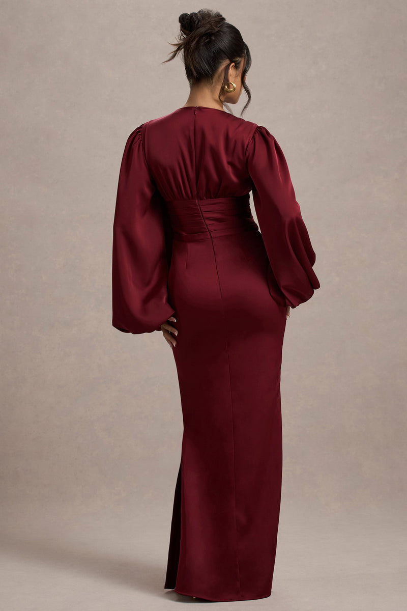 Helsinki Berry Satin V-neck Balloon Sleeve Maxi Dress – Club L London - Usa