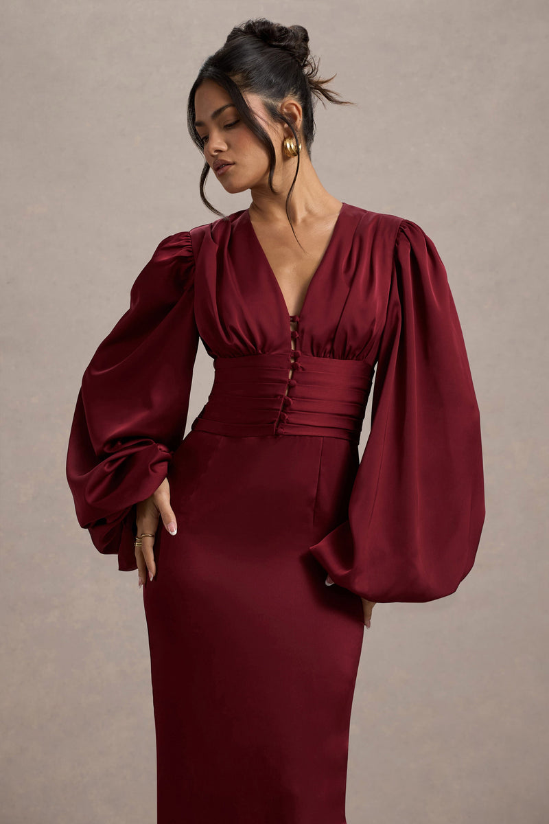 Helsinki Berry Satin V-neck Balloon Sleeve Maxi Dress – Club L London - Usa