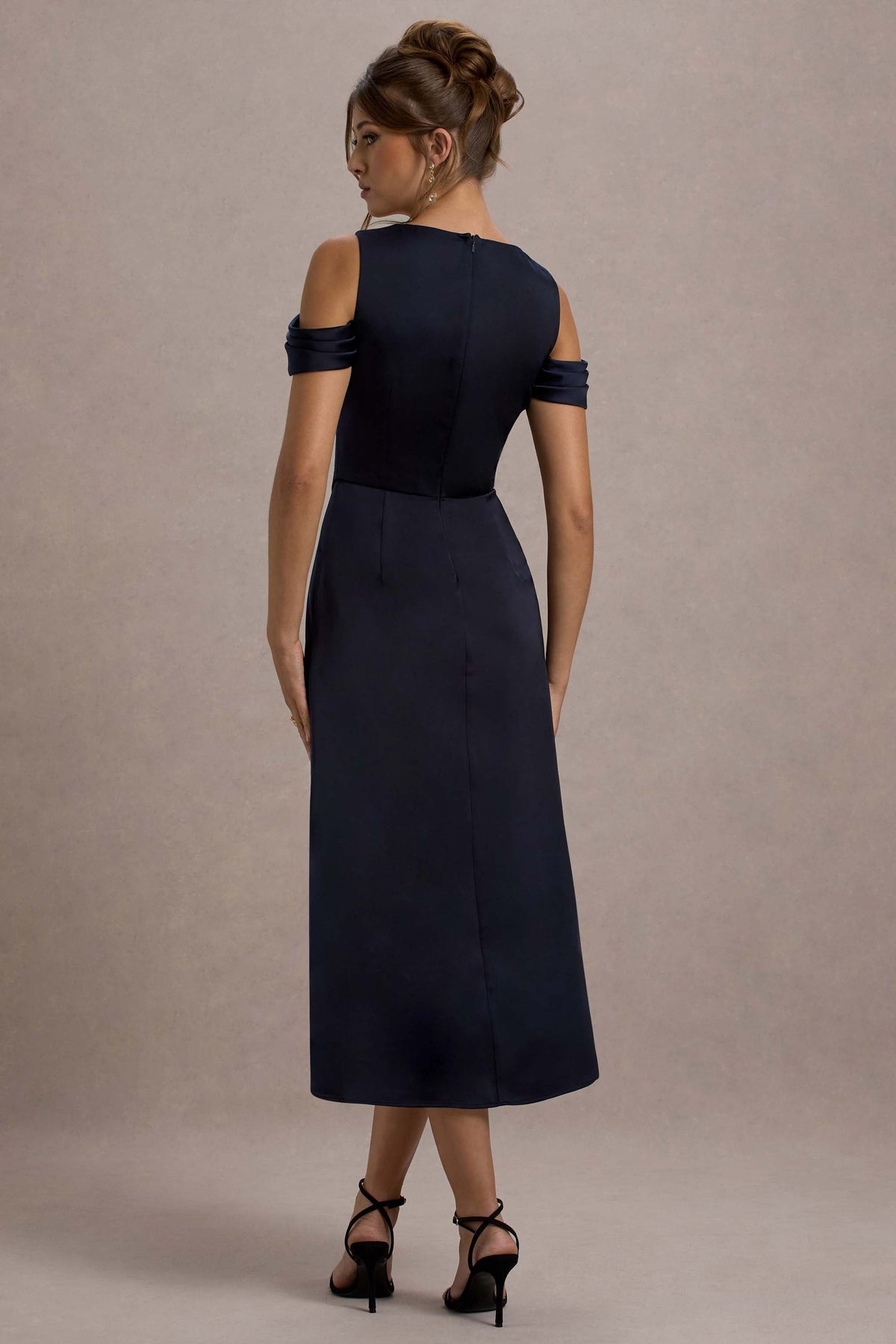 Sawyer Navy Satin Draped Midi Dress Club L London - USA Sawyer Navy Satin Draped Midi Dress Club L London - USA