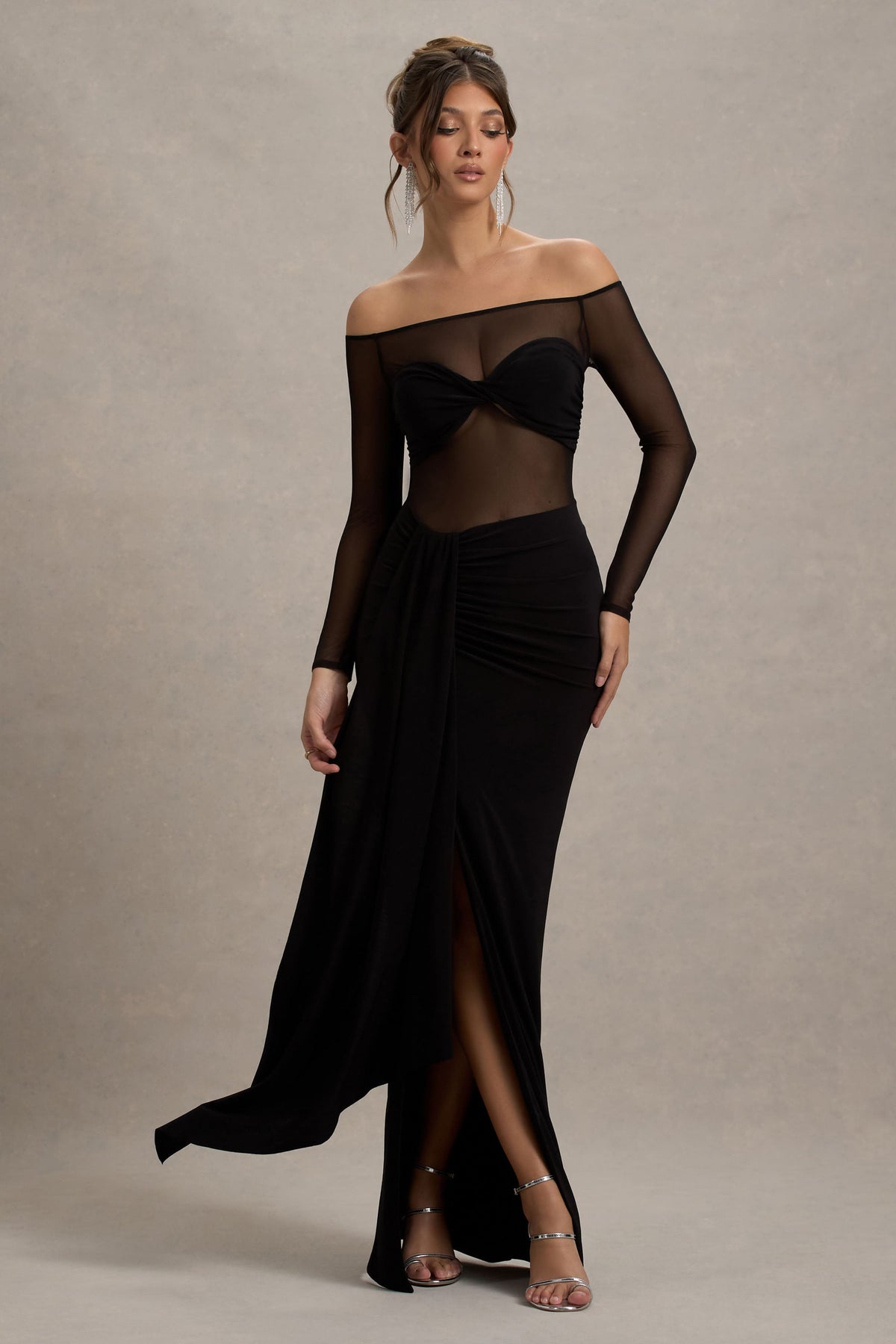 Cover Star Black Mesh Bardot Long-Sleeve Draped Maxi Dress Club L London - USA Cover Star Black Mesh Bardot Long-Sleeve Draped Maxi Dress Club L London - USA