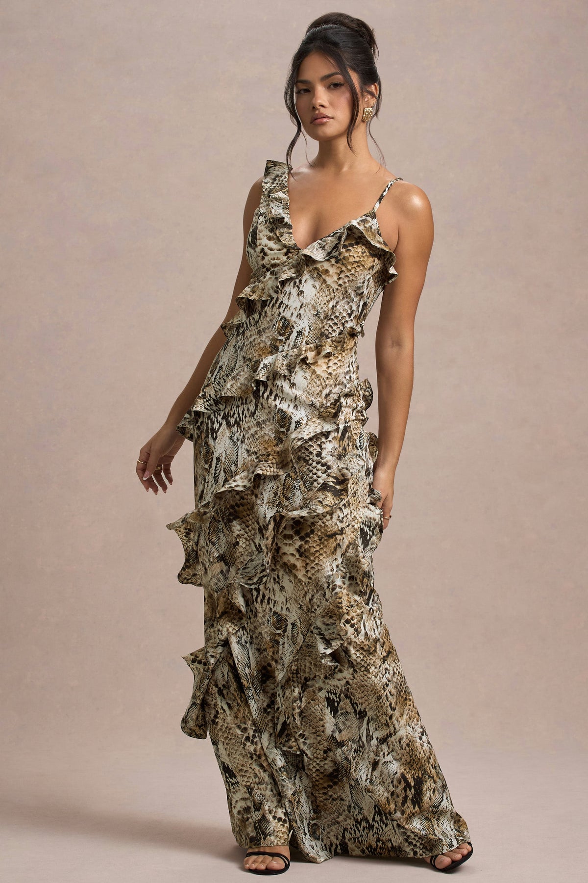 Wispy Snake Print Plunge-Neck Ruffled Maxi Dress Club L London - USA Wispy Snake Print Plunge-Neck Ruffled Maxi Dress Club L London - USA