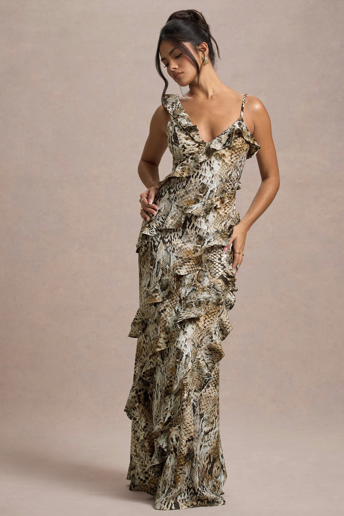 Wispy Snake Print Plunge-Neck Ruffled Maxi Dress Club L London - USA Wispy Snake Print Plunge-Neck Ruffled Maxi Dress Club L London - USA