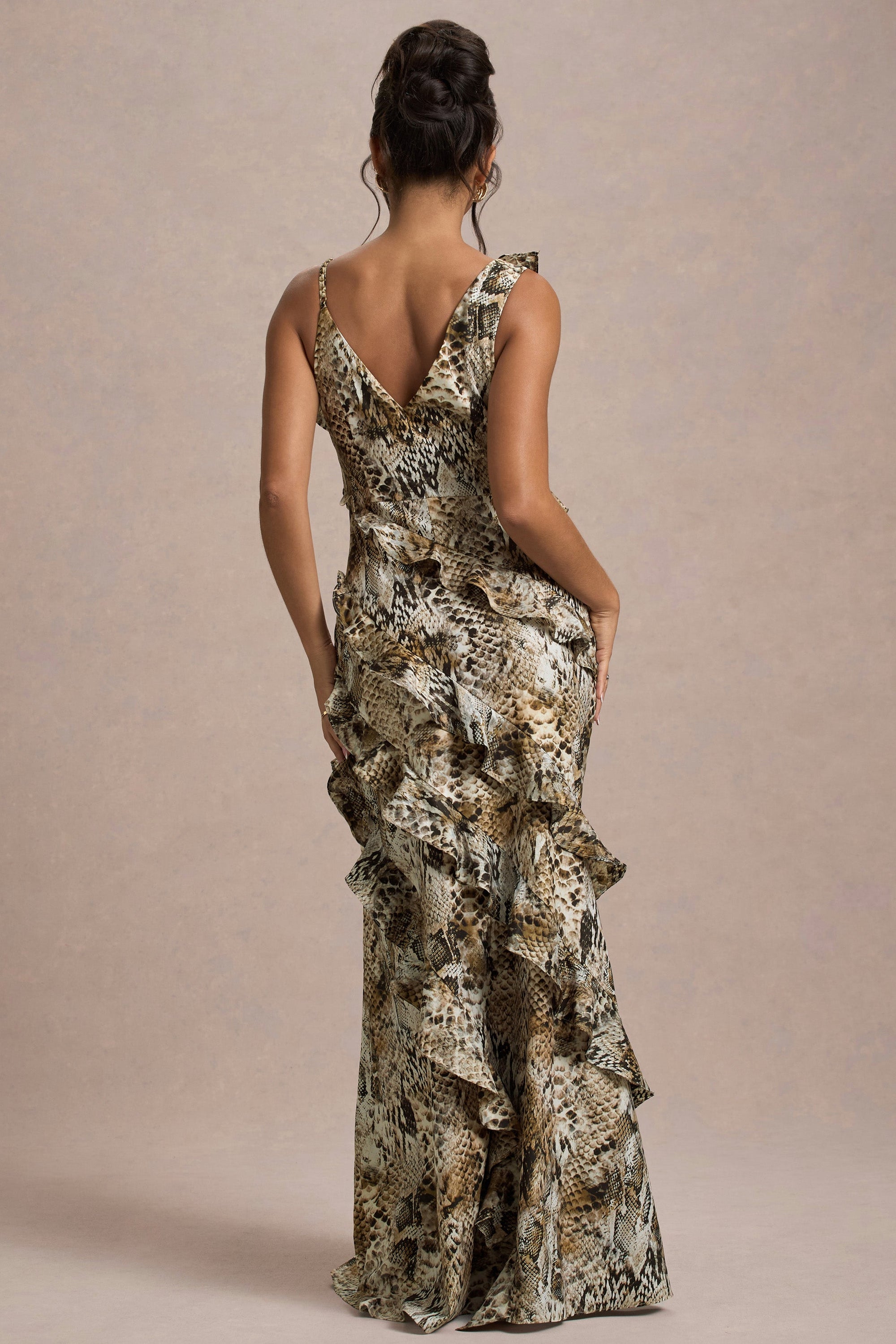 Wispy | Snake Print Plunge-Neck Ruffled Maxi Dress - Club L London - USA