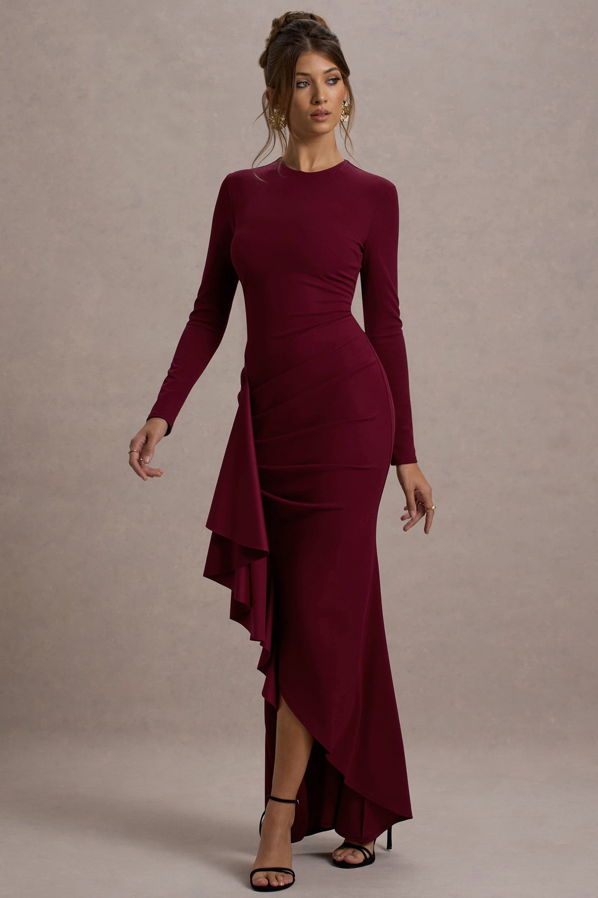Alayna | Berry Long-Sleeve Maxi Dress With Ruffled Split US 8 / Berry Alayna | Berry Long-Sleeve Maxi Dress With Ruffled Split US 8 / Berry