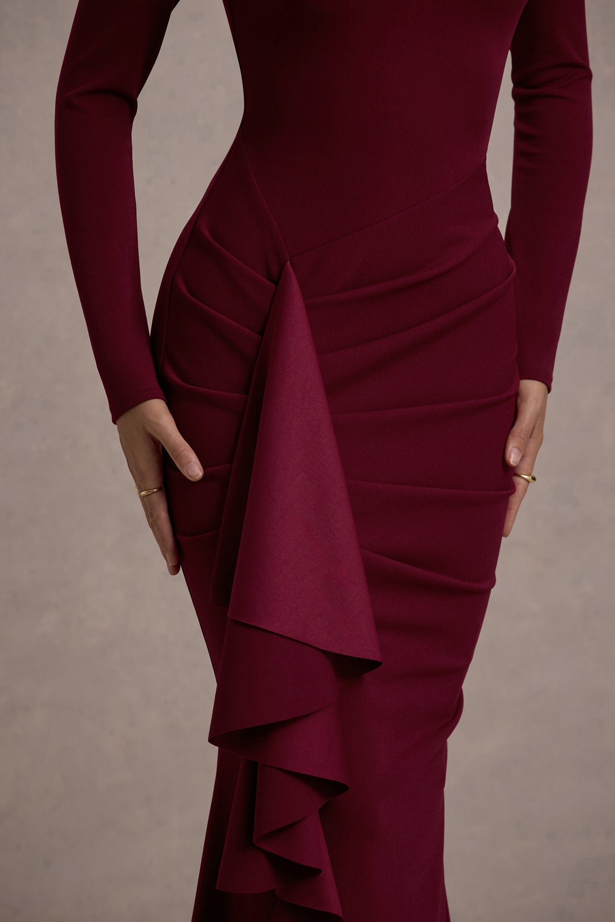 Alayna | Berry Long-Sleeve Maxi Dress With Ruffled Split, US 8 / Berry Alayna | Berry Long-Sleeve Maxi Dress With Ruffled Split, US 8 / Berry