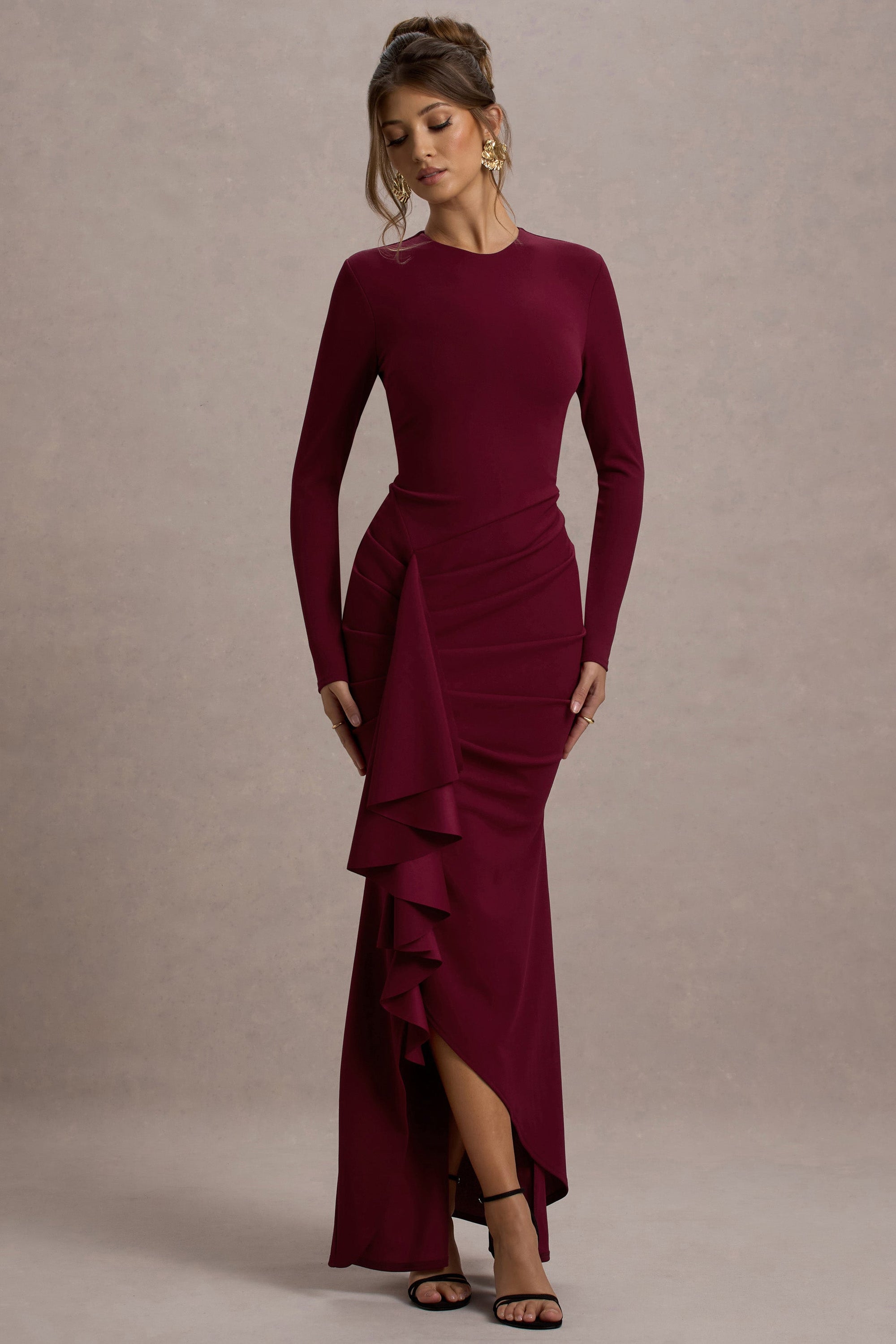 Alayna | Berry Long-Sleeve Maxi Dress With Ruffled Split - Club L London - USA