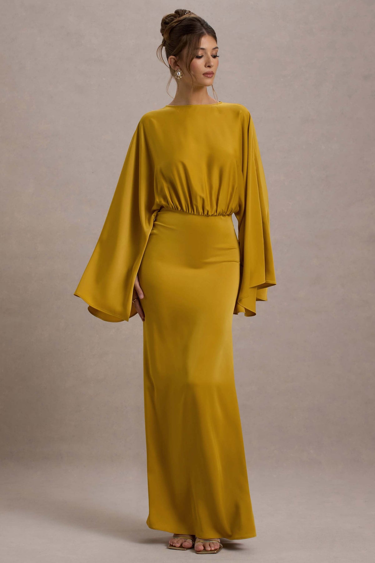 Zuzanna Mustard Draped Maxi Dress With Cape Sleeves Club L London - USA Zuzanna Mustard Draped Maxi Dress With Cape Sleeves Club L London - USA