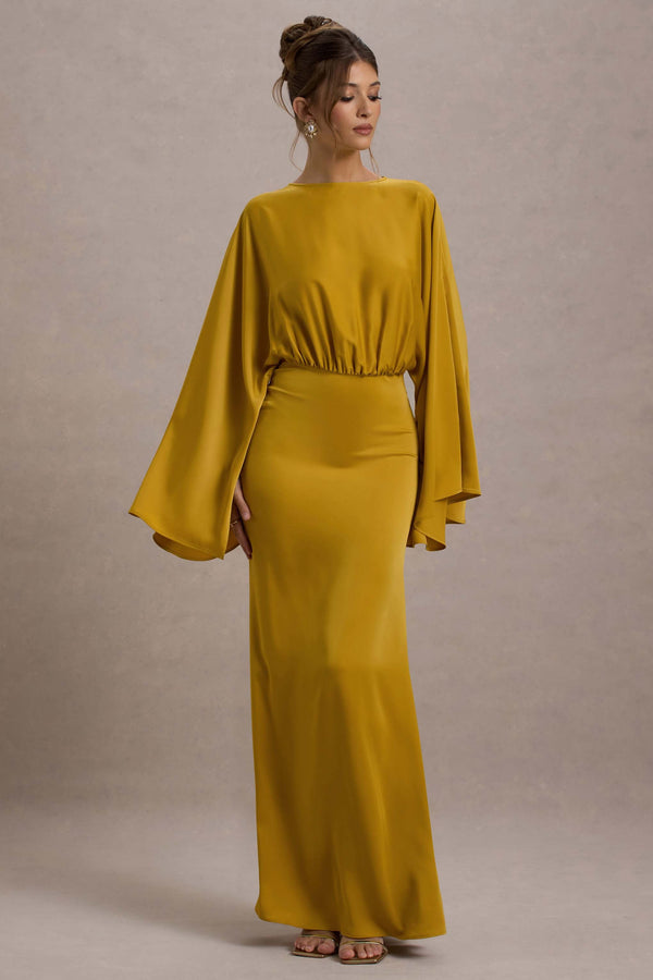 Zuzanna Mustard Draped Maxi Dress With Cape Sleeves Club L London - USA Zuzanna Mustard Draped Maxi Dress With Cape Sleeves Club L London - USA