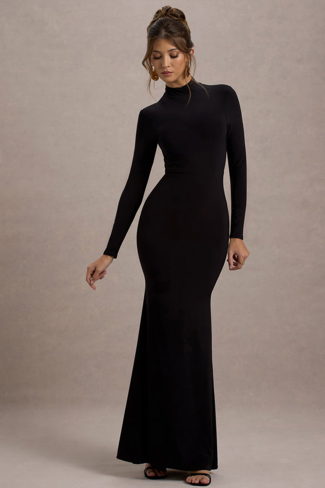 high neck long sleeve shift dress Tova | Black High-Neck Long-Sleeve Maxi Dress