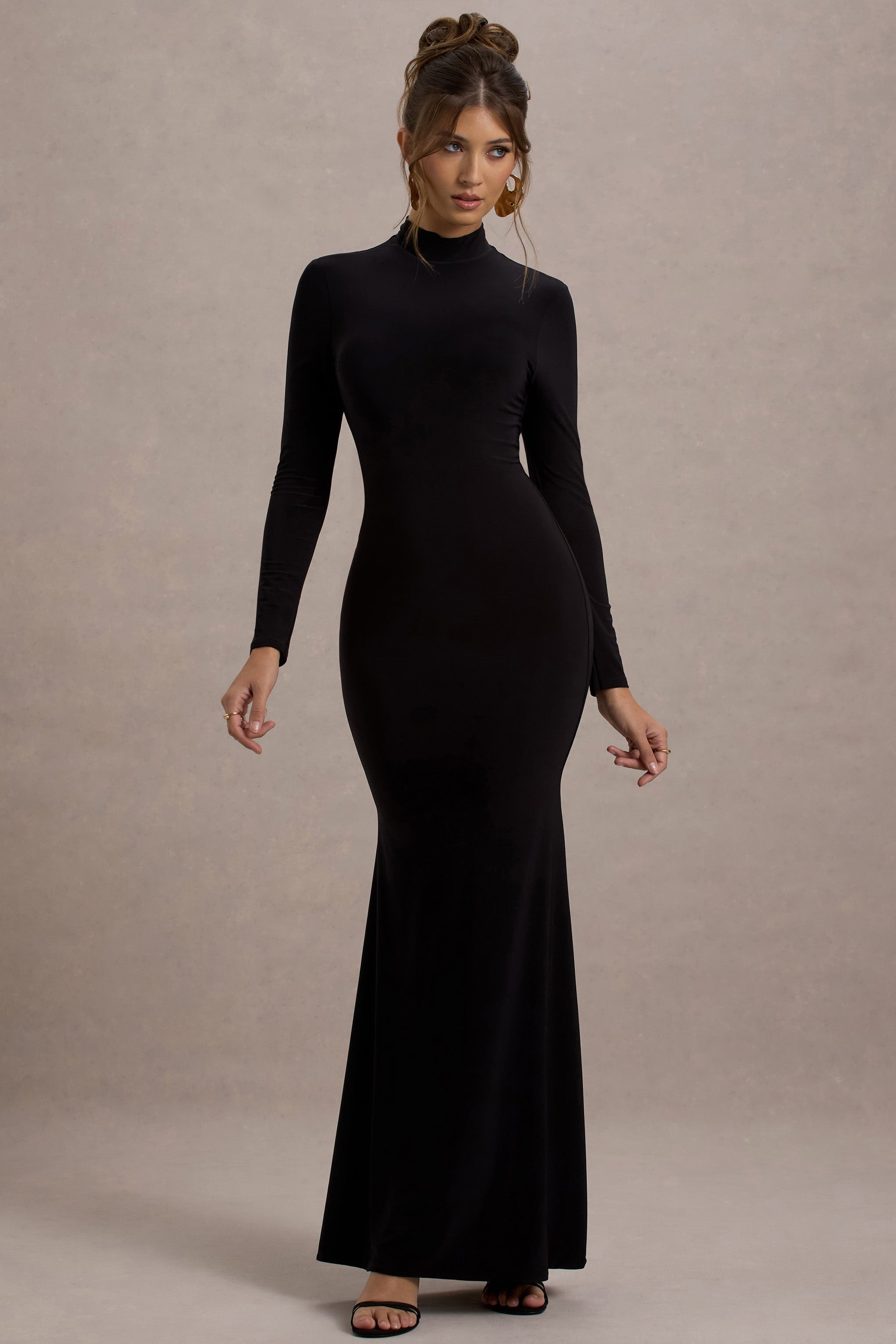 Tova | Black High-Neck Long-Sleeve Maxi Dress – Club L London - USA