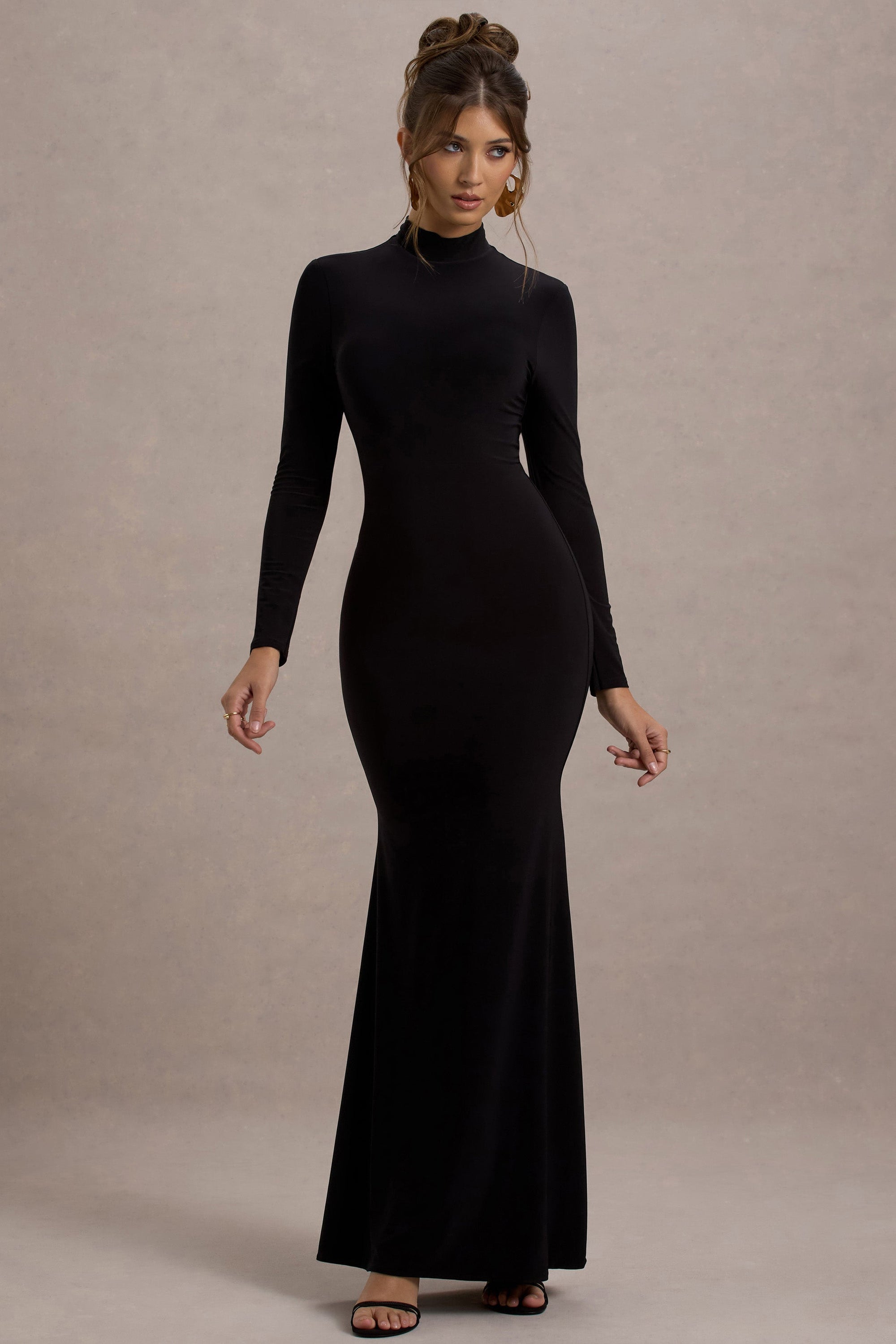 Tova | Black High-Neck Long-Sleeve Maxi Dress - Club L London - USA