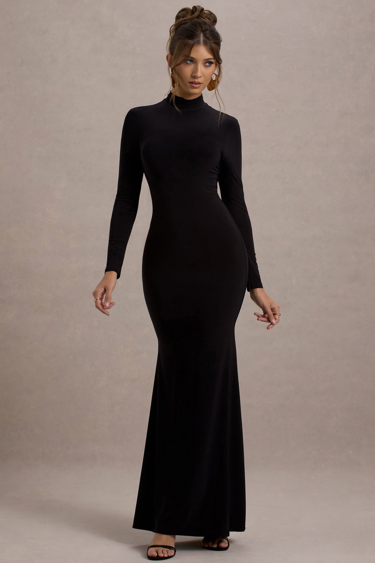 Tova Black High-Neck Long-Sleeve Maxi Dress Club L London - USA Tova Black High-Neck Long-Sleeve Maxi Dress Club L London - USA