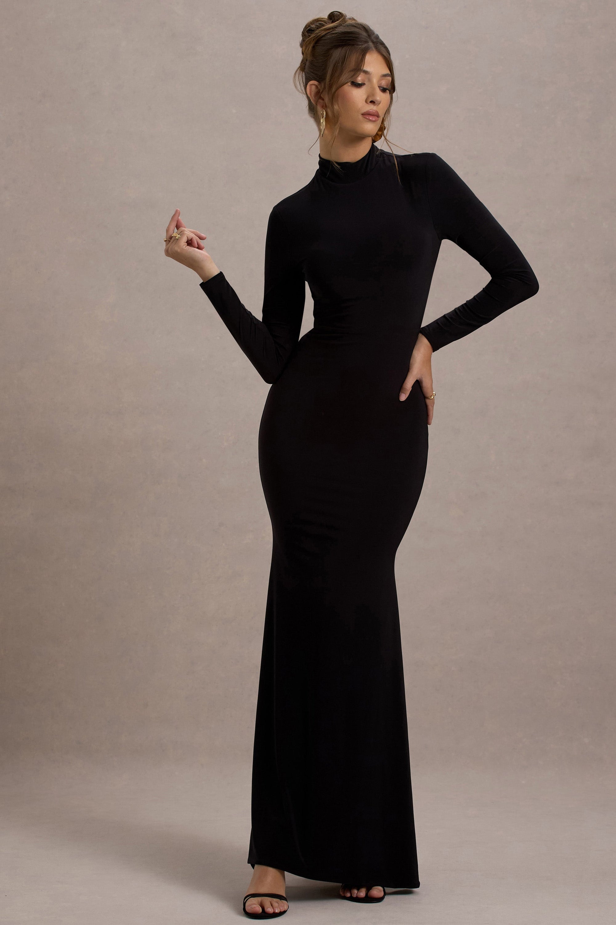 Tova | Black High-Neck Long-Sleeve Maxi Dress - Club L London - USA