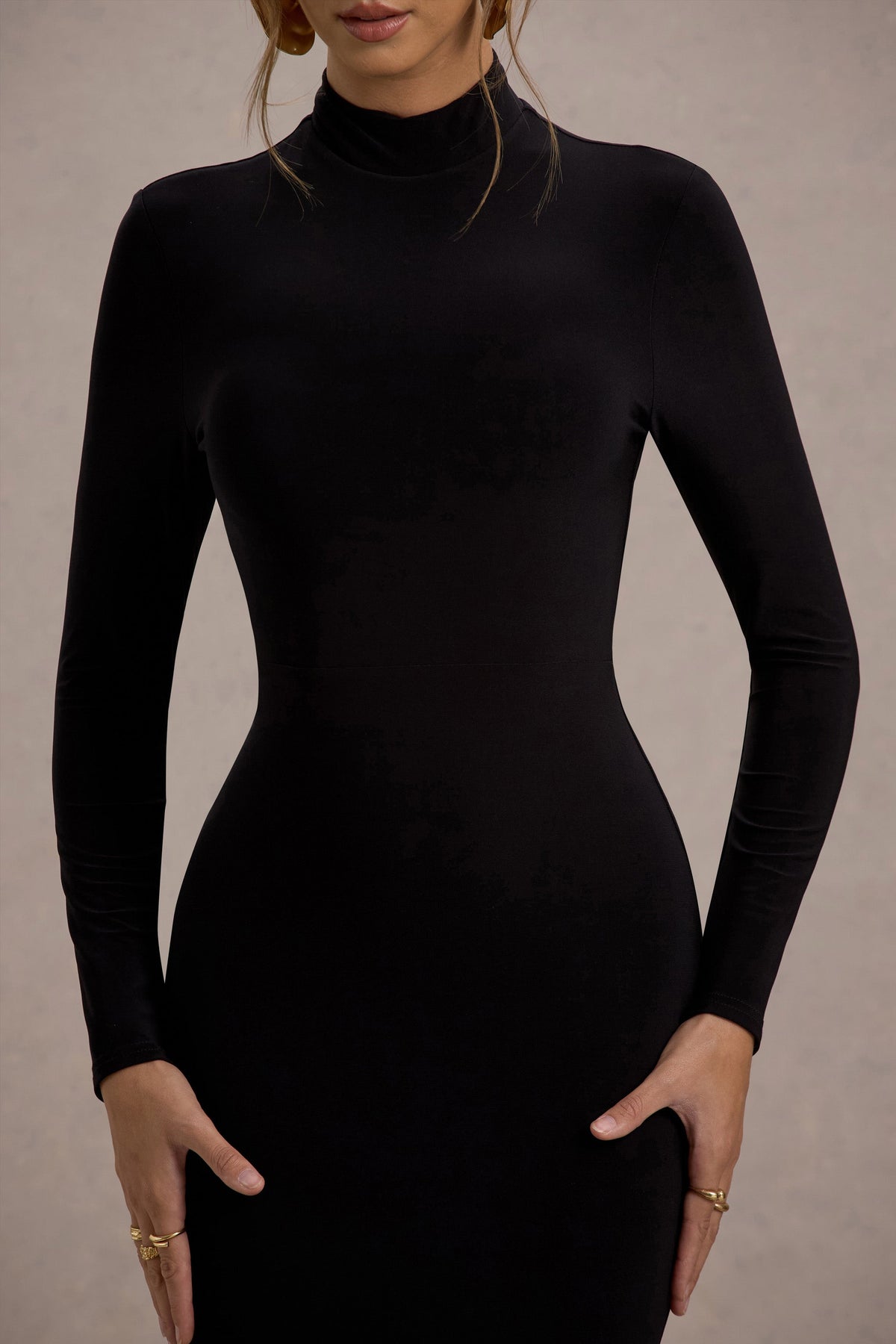 Tova Black High-Neck Long-Sleeve Maxi Dress Club L London - USA Tova Black High-Neck Long-Sleeve Maxi Dress Club L London - USA