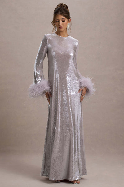 Tallie Lilac Sequin Maxi Dress With Feather Trim – Club L London