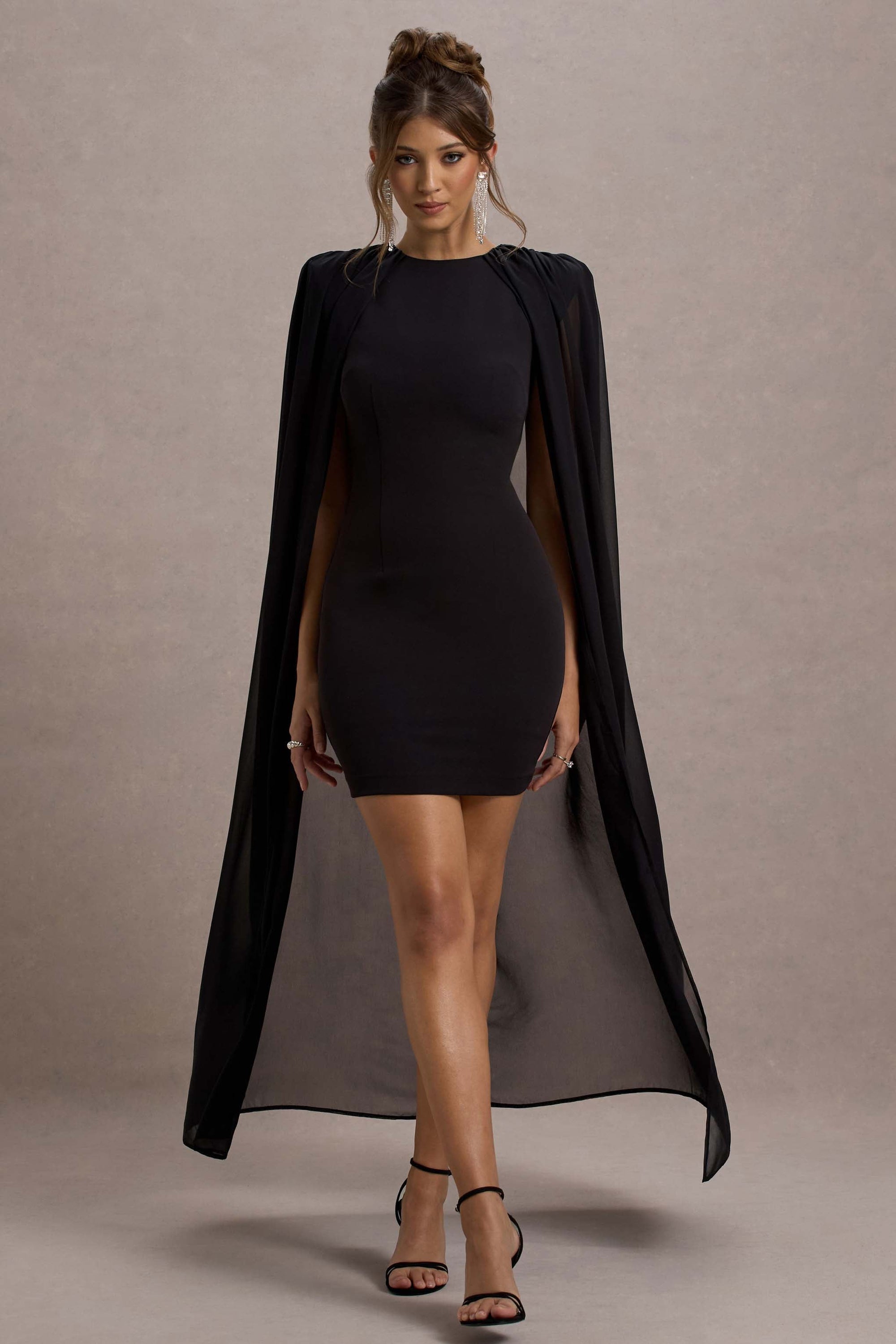 Elysium | Black Bodycon Mini Dress With Chiffon Cape - Club L London - USA