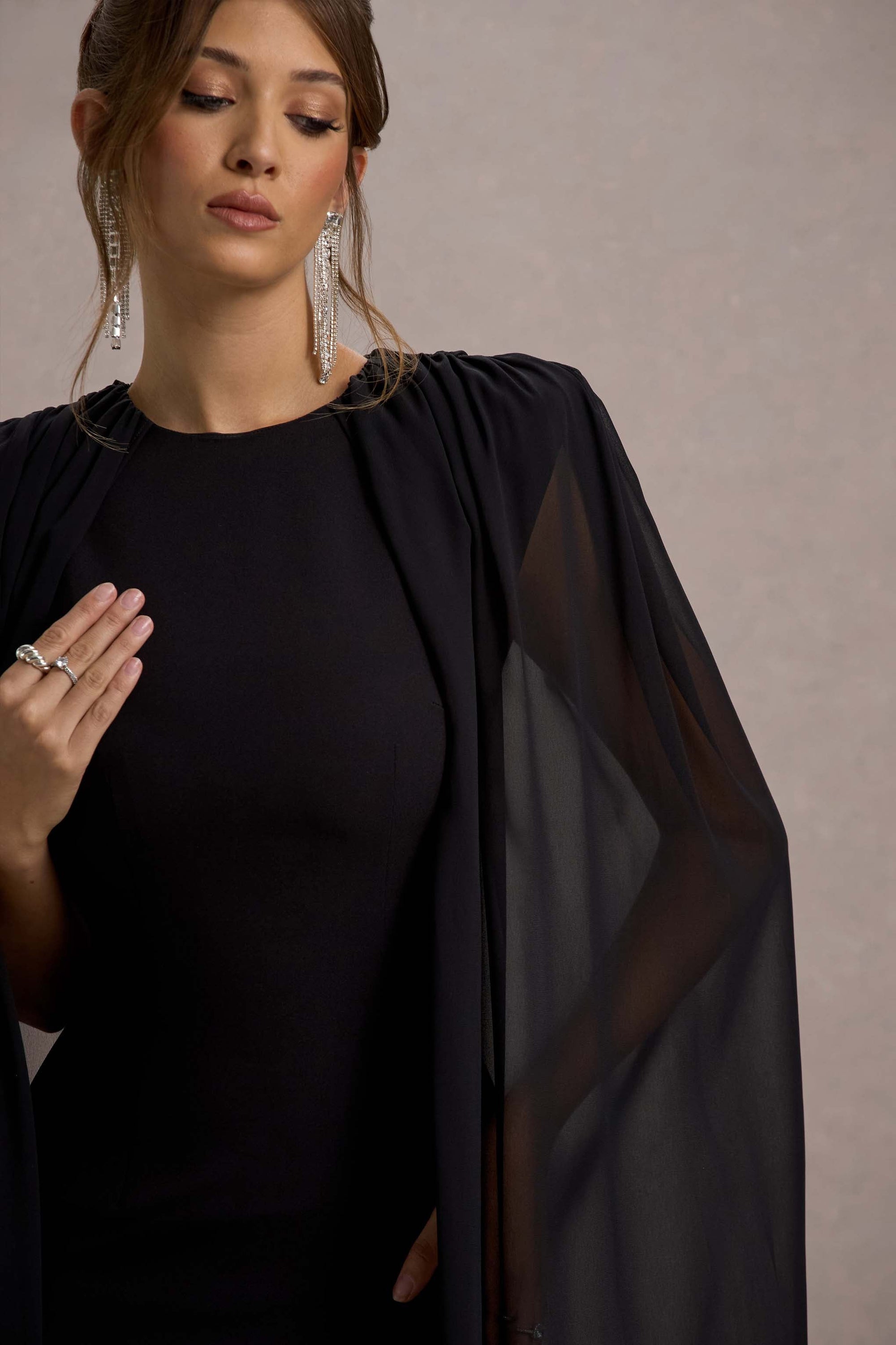 Elysium | Black Bodycon Mini Dress With Chiffon Cape - Club L London - USA