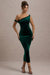 Carella | Bottle Green Velvet Twisted Asymmetric Midi Dress