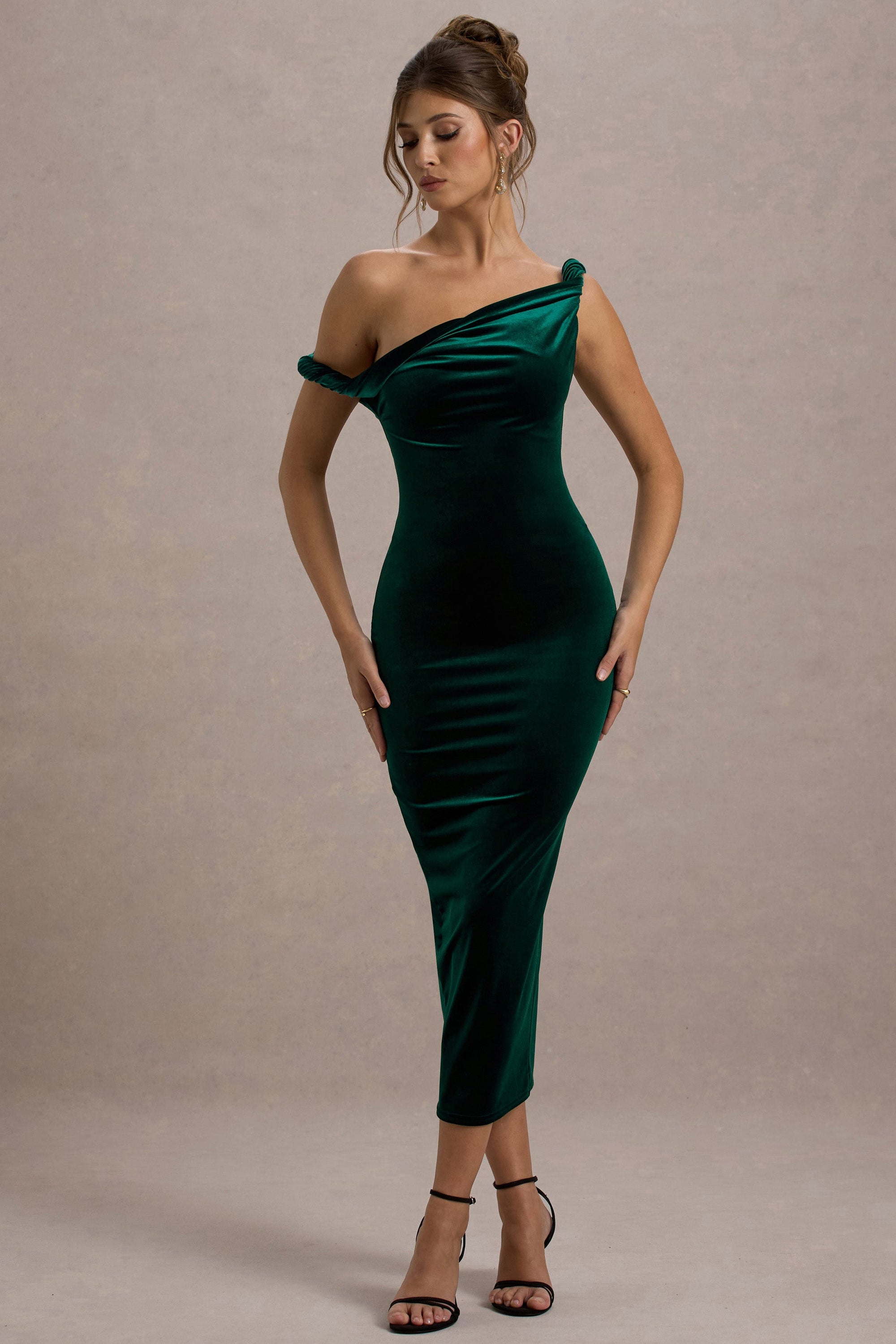 Carella | Bottle Green Velvet Twisted Asymmetric Midi Dress - Club L London - USA