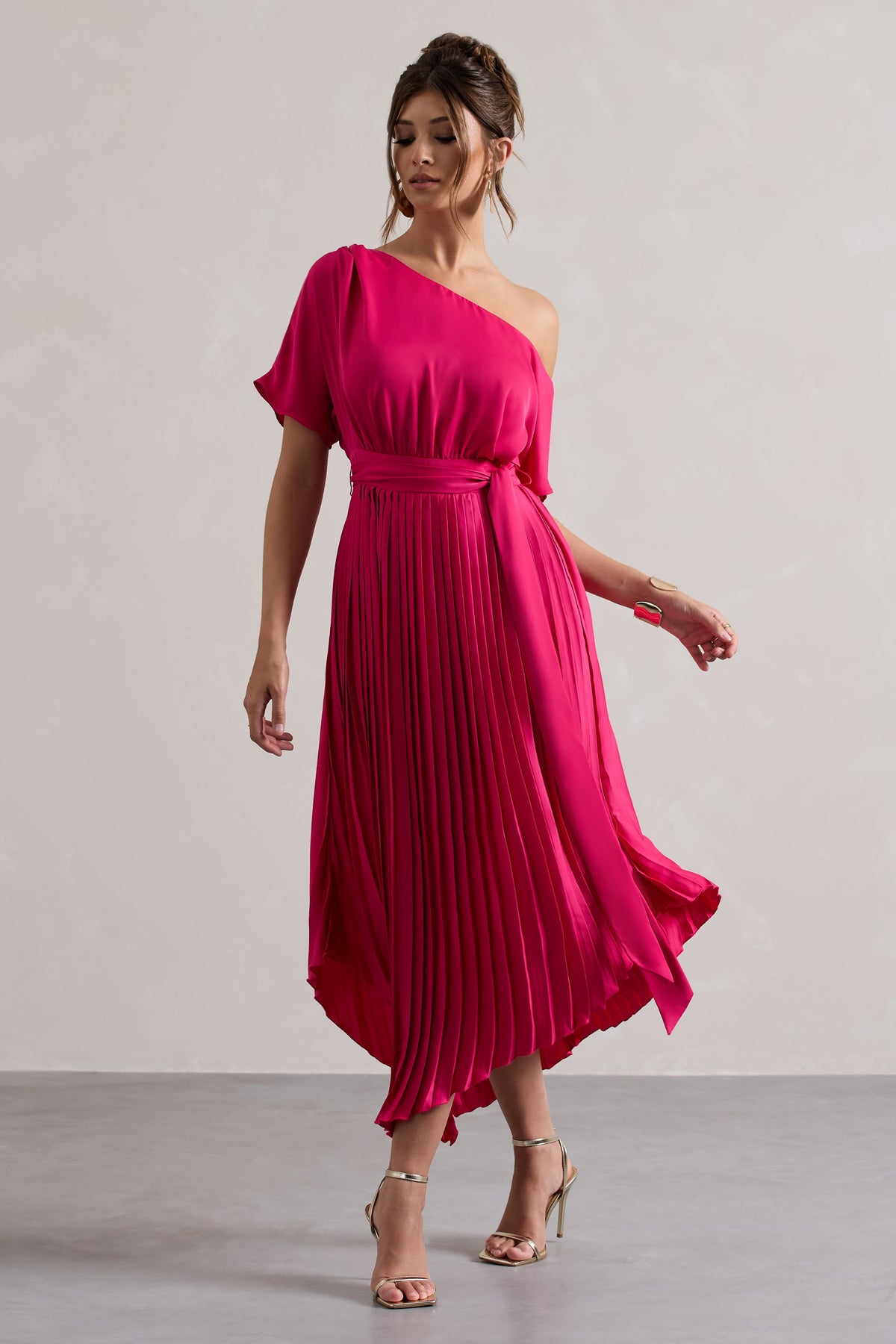 India | Hot Pink Satin Asymmetric Plisse Maxi Dress