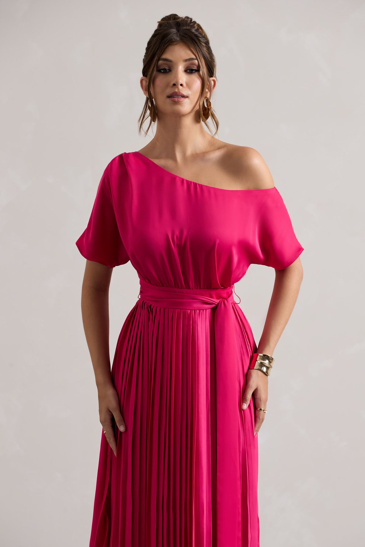 India | Hot Pink Satin Asymmetric Plisse Maxi Dress