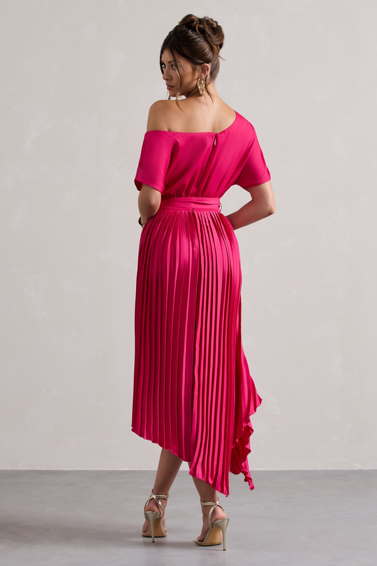 India | Hot Pink Satin Asymmetric Plisse Maxi Dress