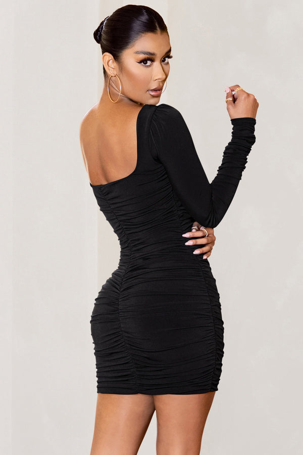 Black Sparkle And Sequin Long Sleeve Ruched Bodycon Midi Dress – AX Paris