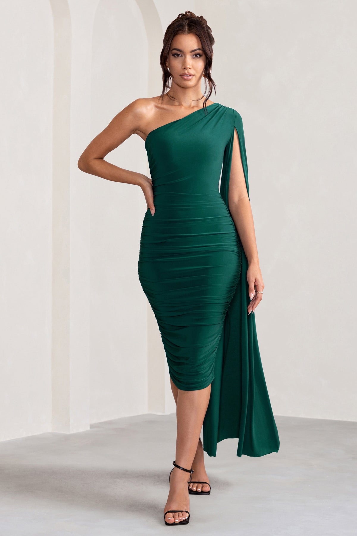 Yara Bottle Green One Shoulder Cape Ruched Midi Dress – Club L London - USA