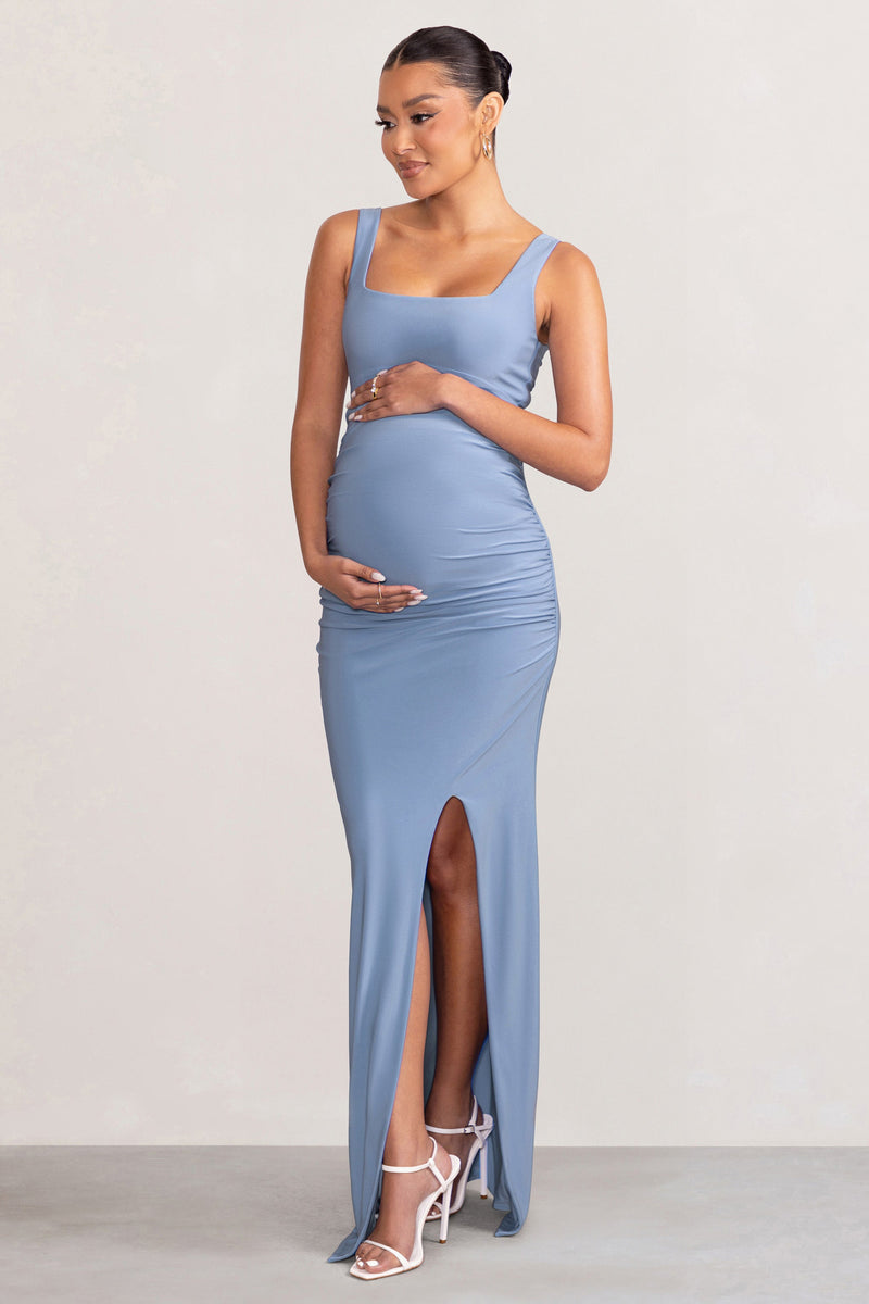 Avril Powder Blue Square Neck Maternity Maxi Dress with Split – Club L ...