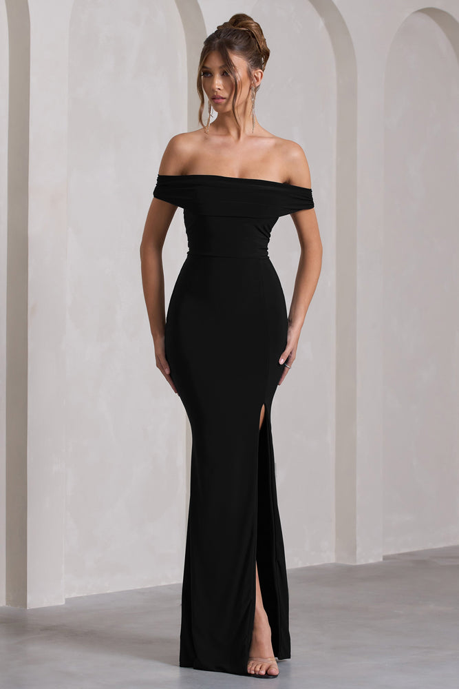 Law of Attraction Black Bardot Draped Split Maxi Dress – Club L