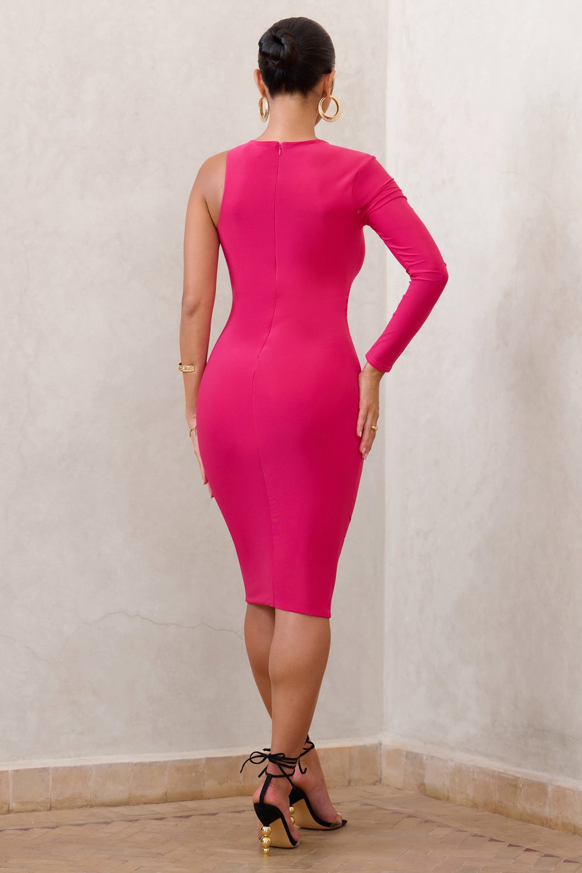 Refine | Hot Pink One Shoulder Midi Dress