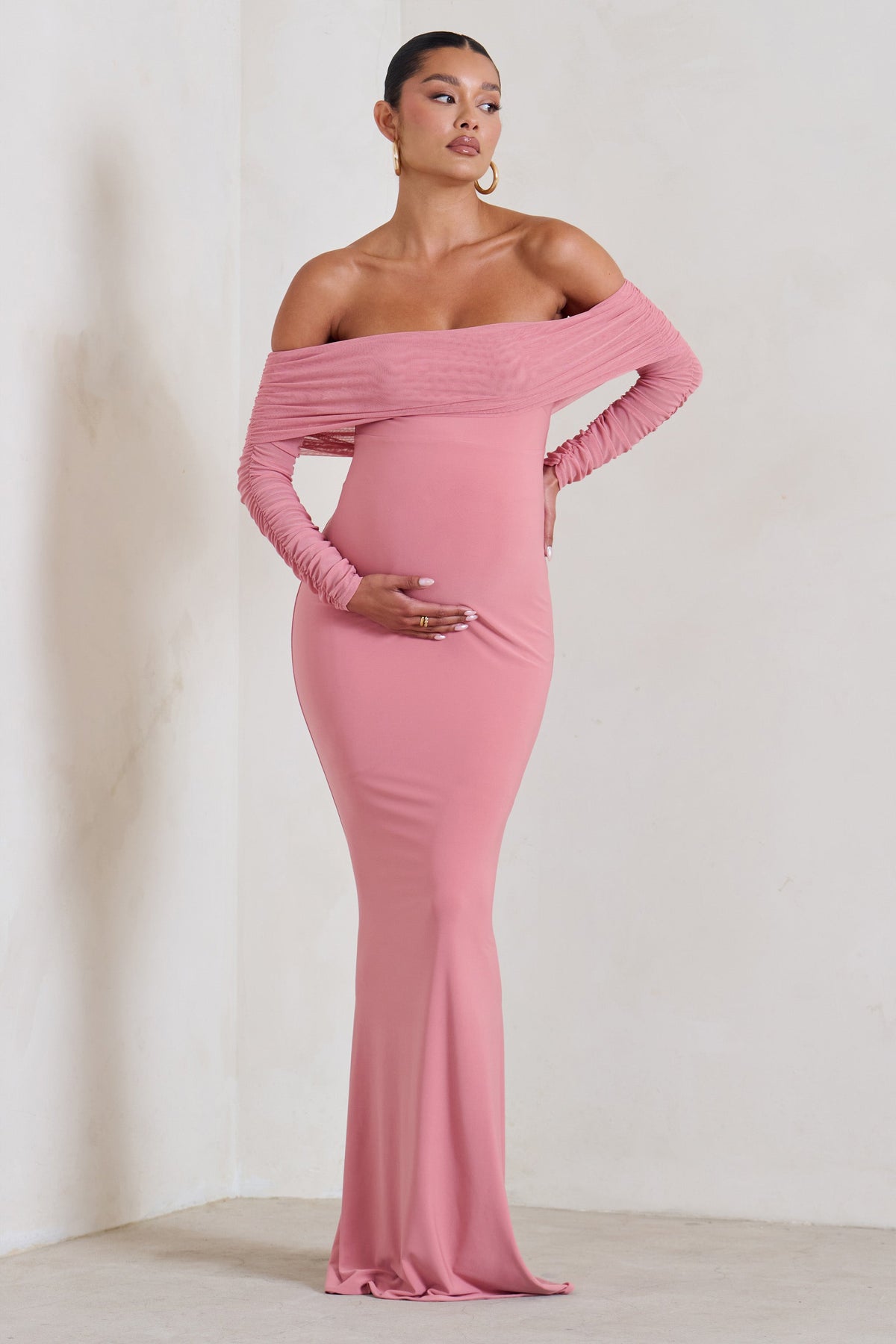 Pretty Perfect Blush Pink Maternity Ruched Mesh Bardot Maxi Dress