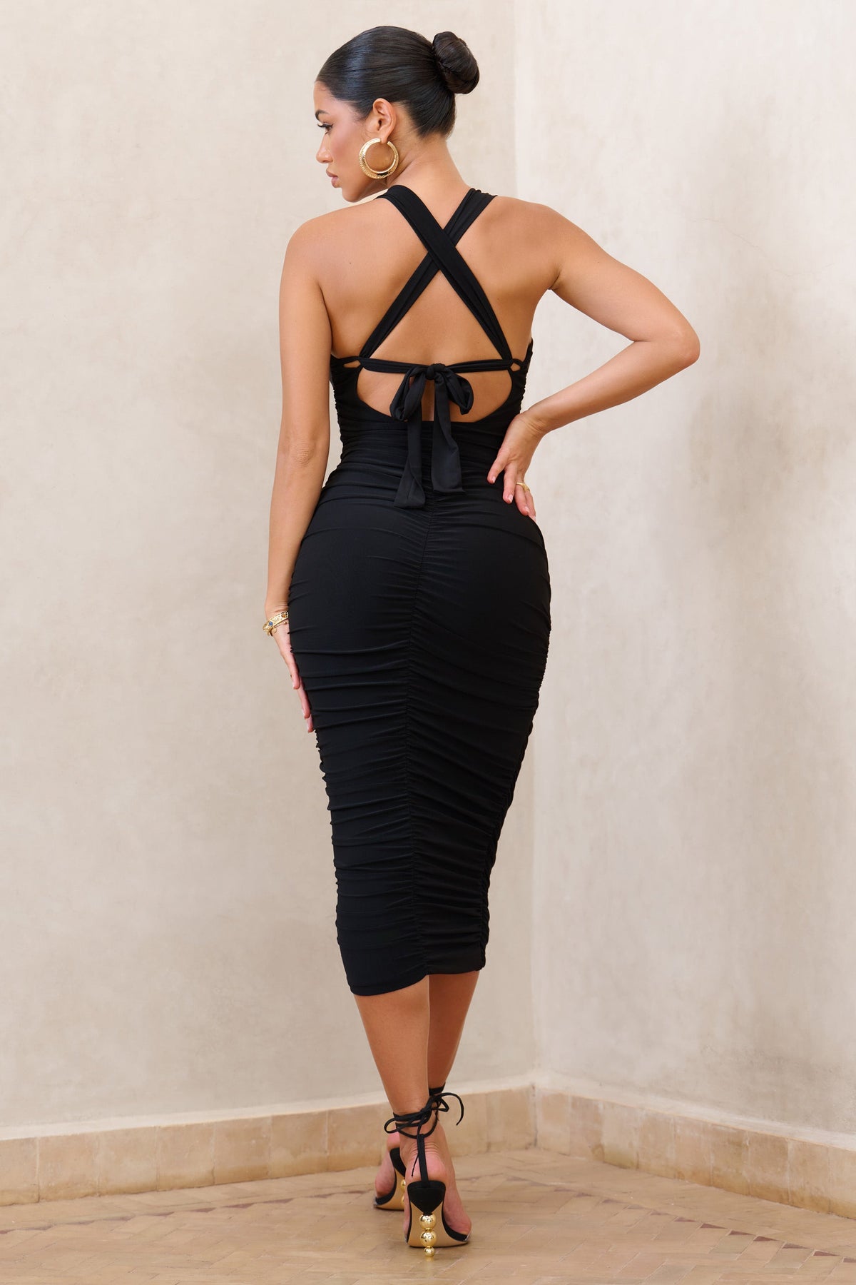 Selene Black Ruched Strappy Twisted Bodycon Mini Dress – Club L