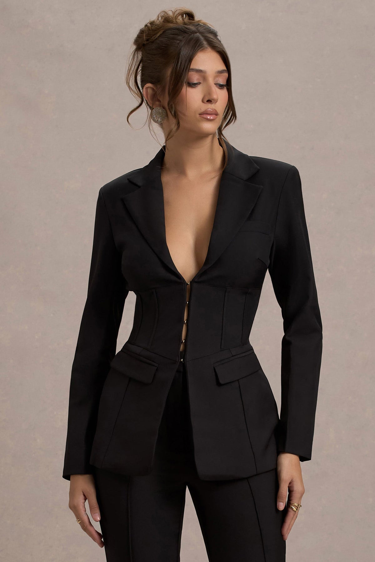 Unbeaten | Black Plunge Corset Waist Blazer - UK 16 Black Unbeaten | Black Plunge Corset Waist Blazer - UK 16 Black