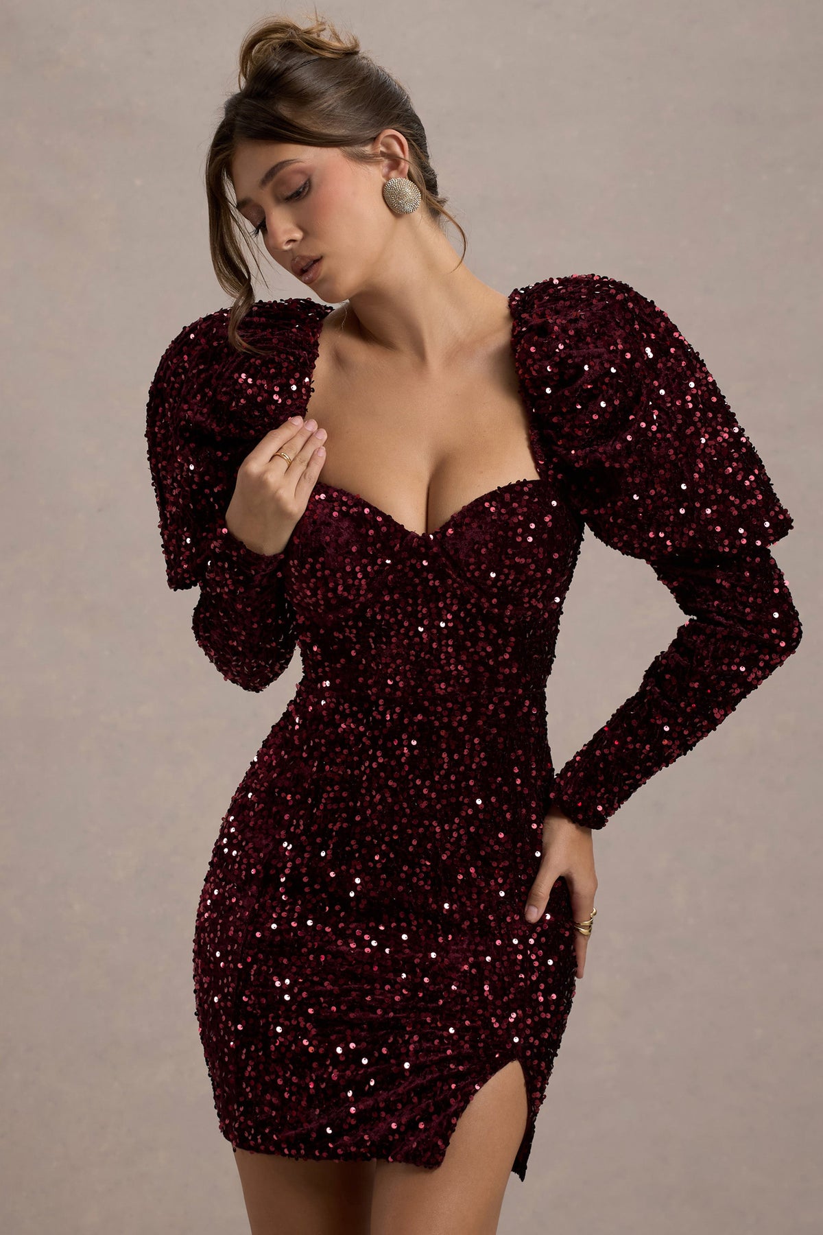 Shine Bright | Berry Sequin Mini Dress With Puff Sleeves