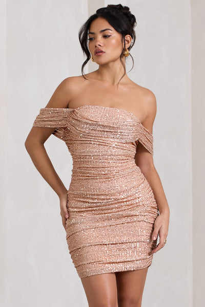 Light Up Gold Sequin Bardot Mini Dress With Drape Detail – Club L