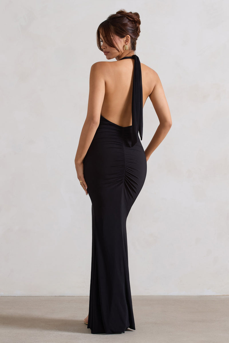 Glamour Black Backless V Plunge Halter Neck Maxi Dress With Side Spl ...