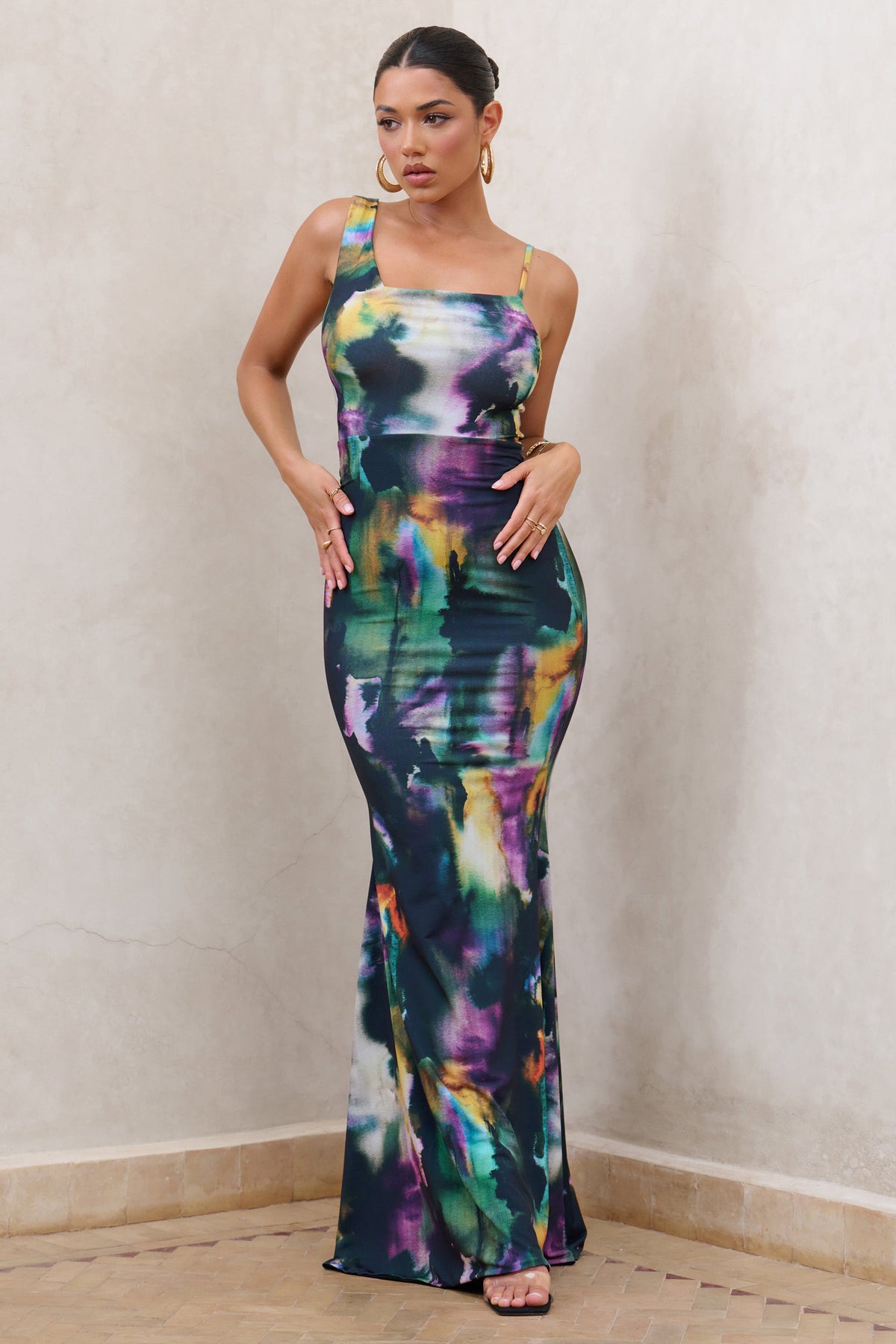 Phantasy Watercolour Print Asymmetric Neckline Cowl Maxi Dress – Club L ...